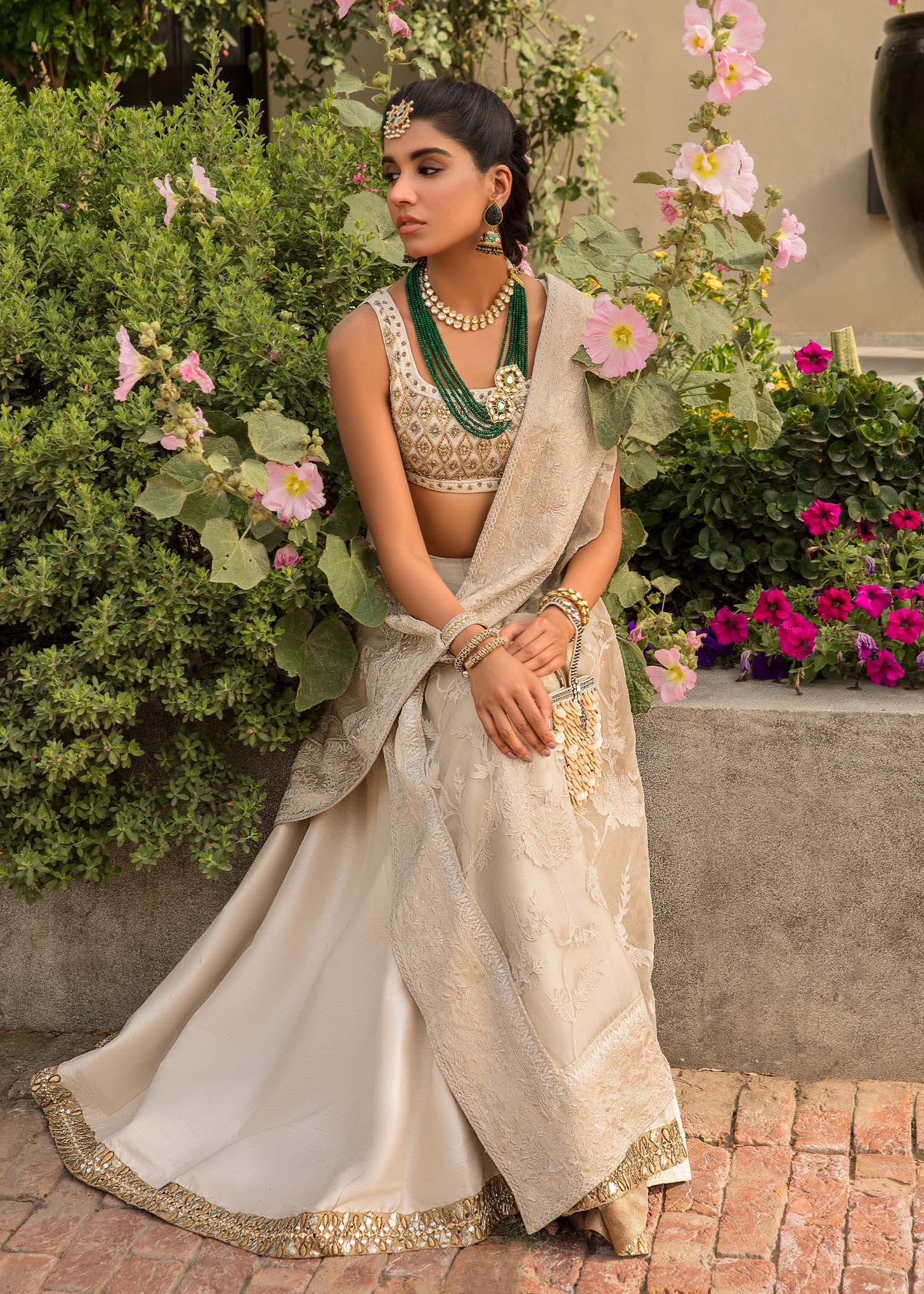 Ivory Gold Embroidered Silk & Organza Lehenga Choli (3-Piece) - Image 5