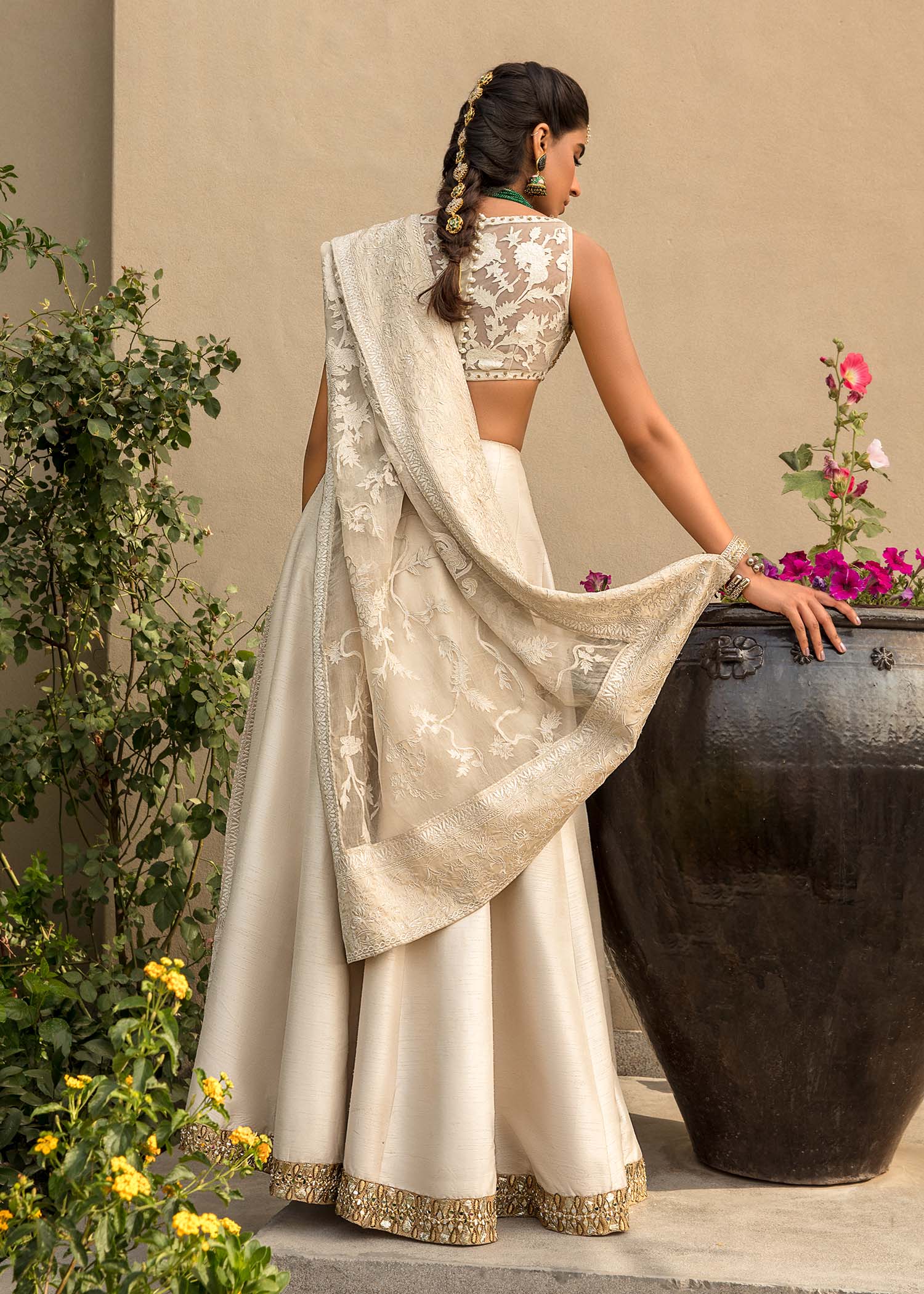 Ivory Gold Embroidered Silk & Organza Lehenga Choli (3-Piece) - Image 6