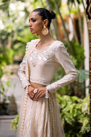 Off-White Hand-Worked Silk Choli with Organza Lehnga (3-Piece) - Image 2