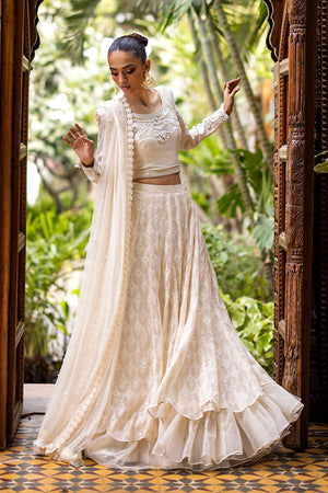 Off-White Hand-Worked Silk Choli with Organza Lehnga (3-Piece) - Image 3