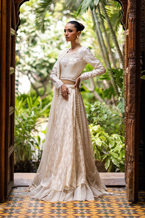Off-White Hand-Worked Silk Choli with Organza Lehnga (3-Piece) - Image 4