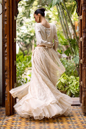 Off-White Hand-Worked Silk Choli with Organza Lehnga (3-Piece) - Image 5