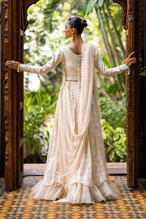 Off-White Hand-Worked Silk Choli with Organza Lehnga (3-Piece) - Image 6