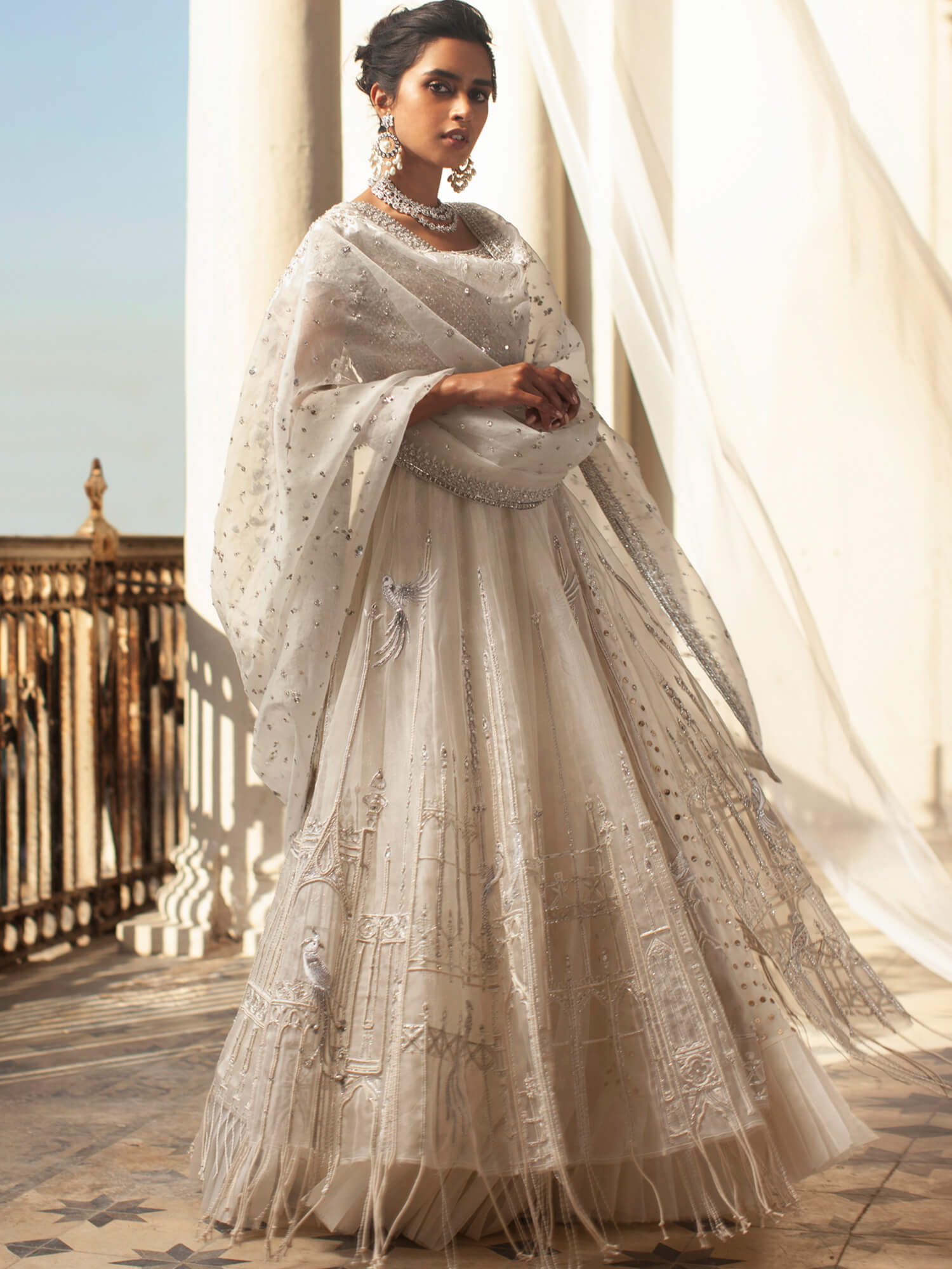 Ivory Architectural Embroidered Silk & Organza Bridal Lehenga (3-Piece) - Image 1