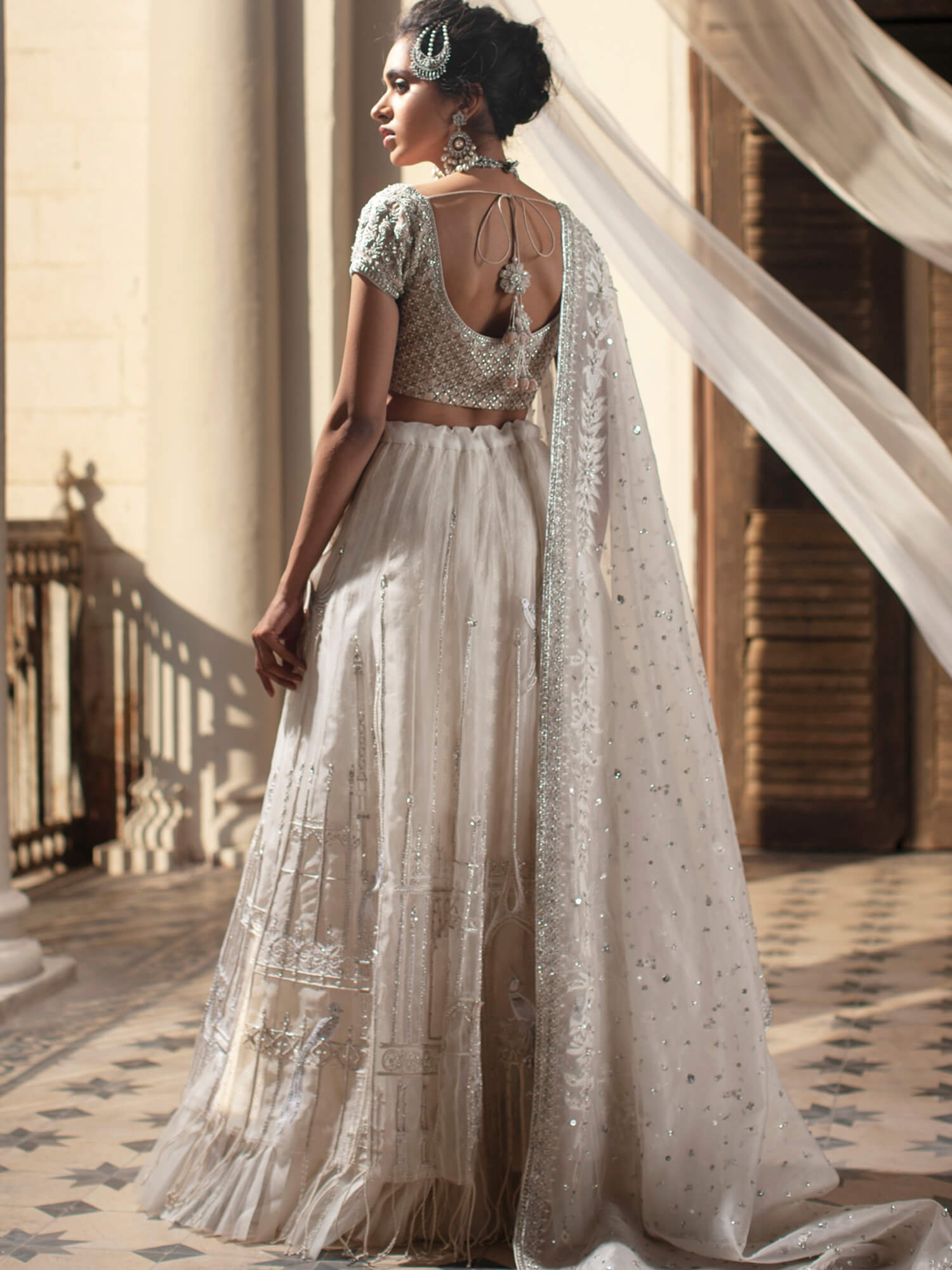 Ivory Architectural Embroidered Silk & Organza Bridal Lehenga (3-Piece) - Image 3