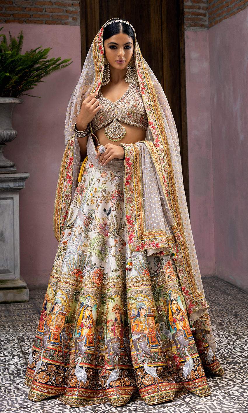 Pakistani Pastel Ivory Mughal Embroidered Net Lehenga Choli (3-Piece) - Image 1