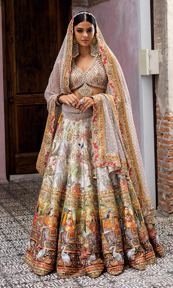 Pakistani Pastel Ivory Mughal Embroidered Net Lehenga Choli (3-Piece) - Image 5