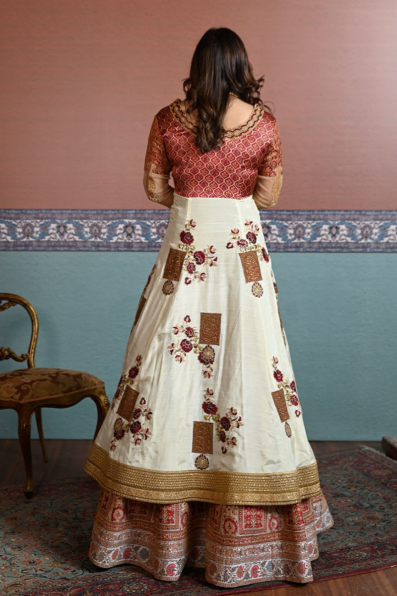 White and Pink Embroidered Silk Frock with Lehnga (3-Piece) - Image 2