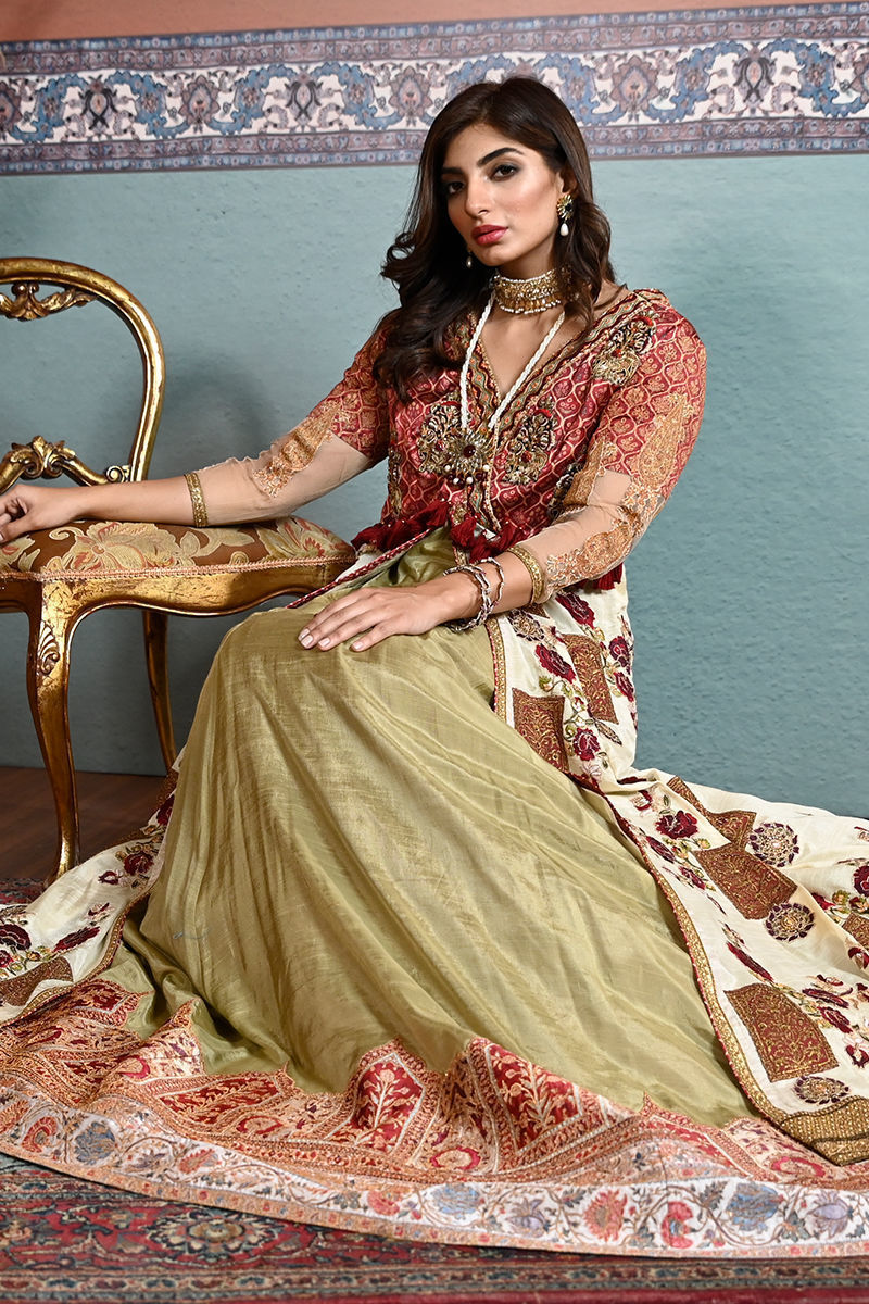 White and Pink Embroidered Silk Frock with Lehnga (3-Piece) - Image 3