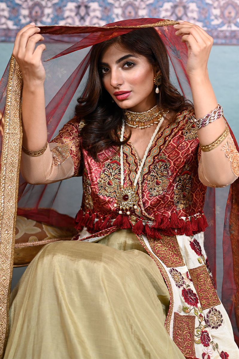 White and Pink Embroidered Silk Frock with Lehnga (3-Piece) - Image 4