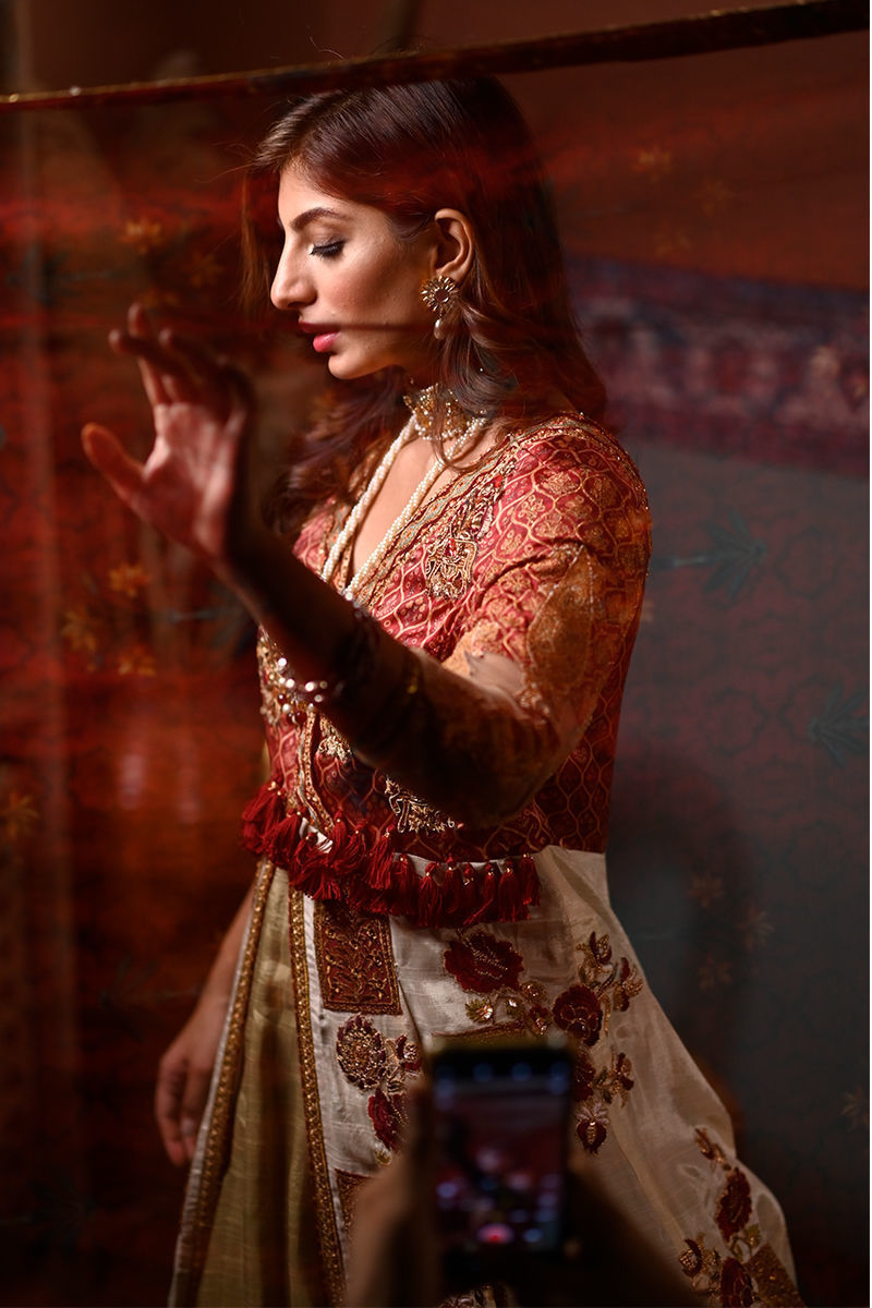 White and Pink Embroidered Silk Frock with Lehnga (3-Piece) - Image 5