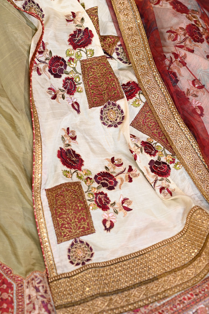 White and Pink Embroidered Silk Frock with Lehnga (3-Piece) - Image 6
