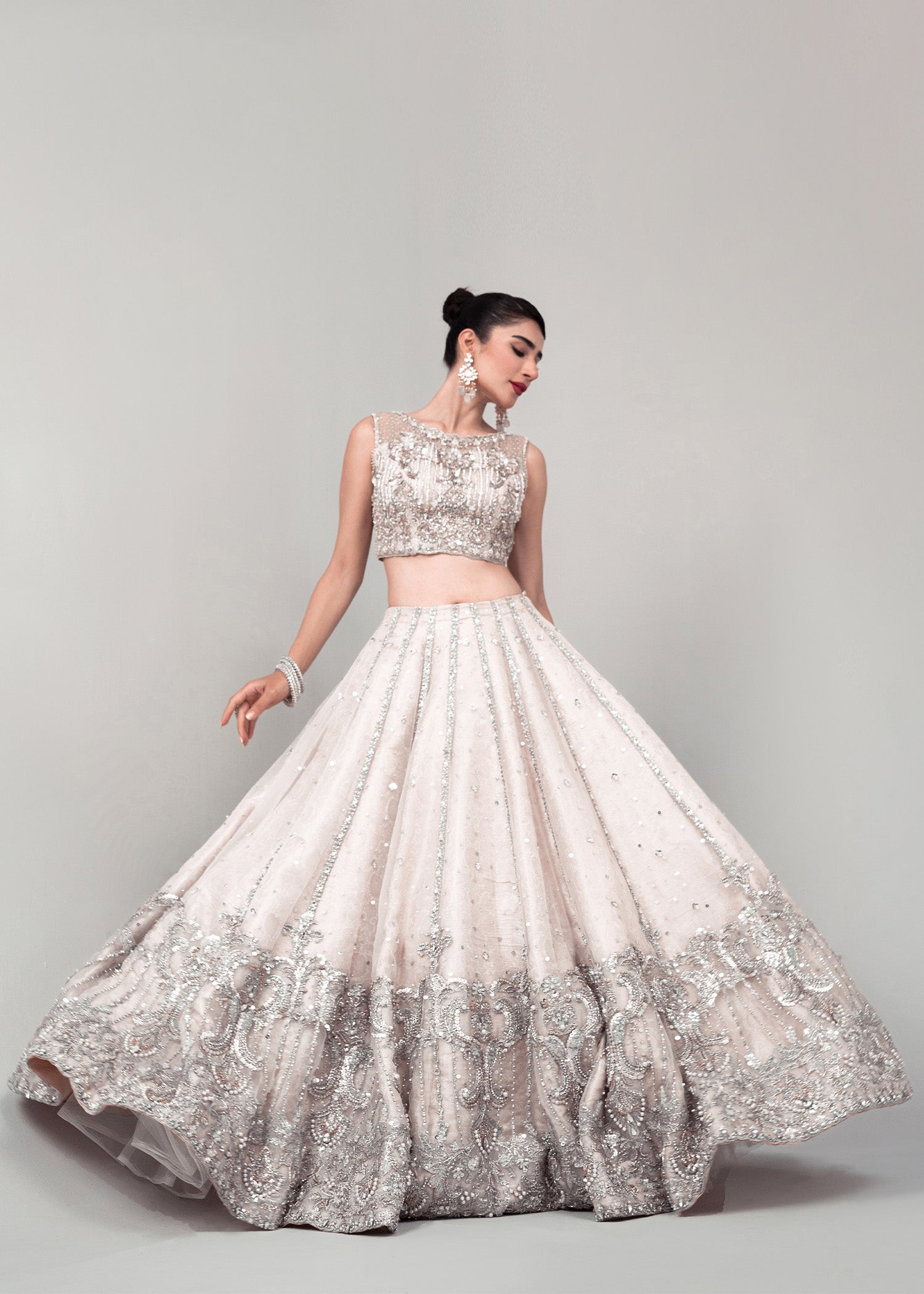 Ivory Silver Embellished Silk Net Lehenga Choli (3-Piece) - Image 1