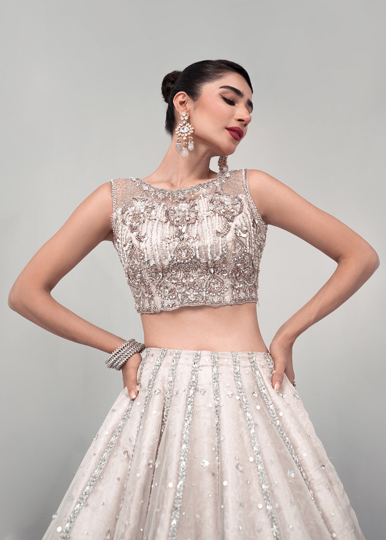 Ivory Silver Embellished Silk Net Lehenga Choli (3-Piece) - Image 2