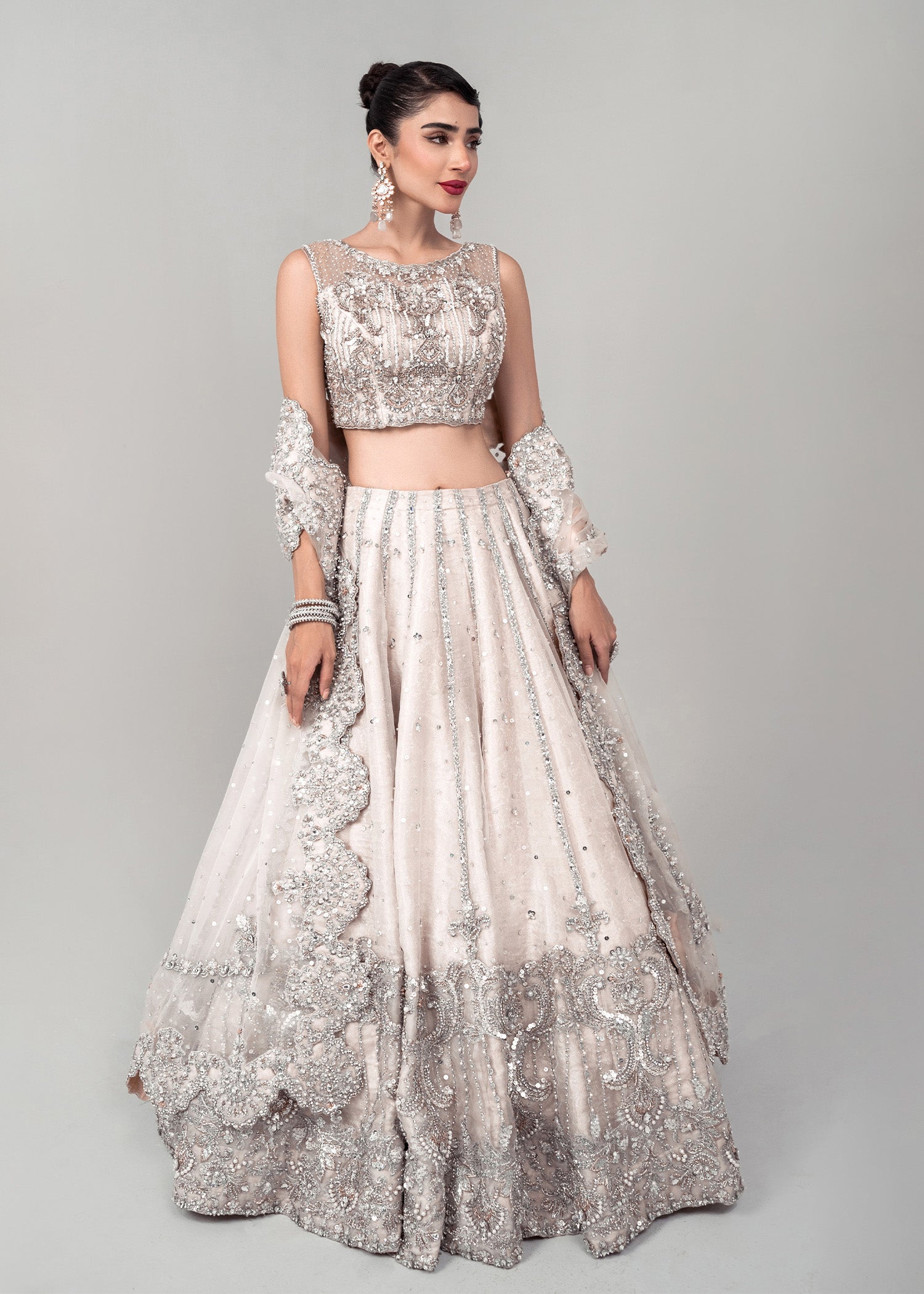 Ivory Silver Embellished Silk Net Lehenga Choli (3-Piece) - Image 3
