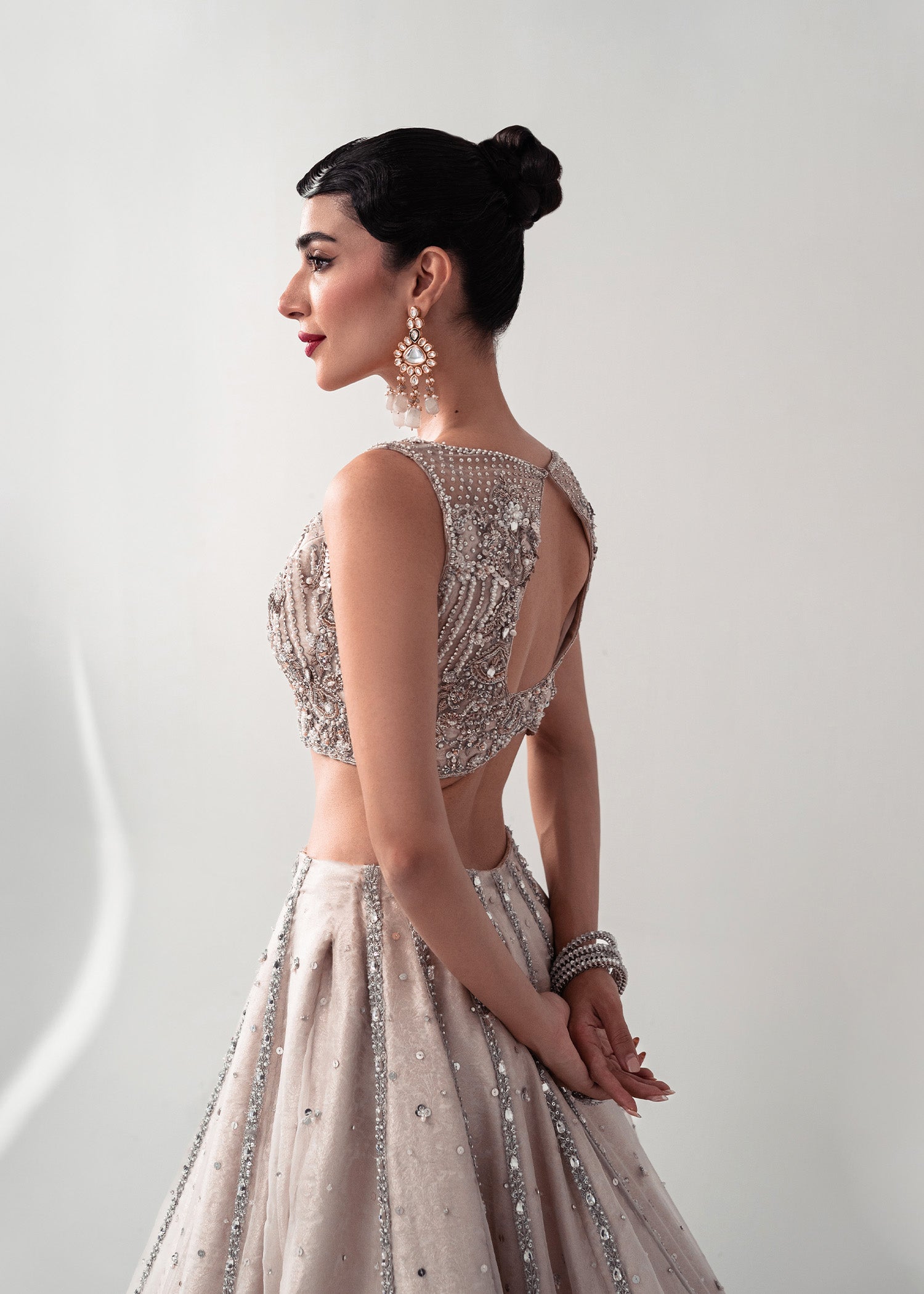 Ivory Silver Embellished Silk Net Lehenga Choli (3-Piece) - Image 4