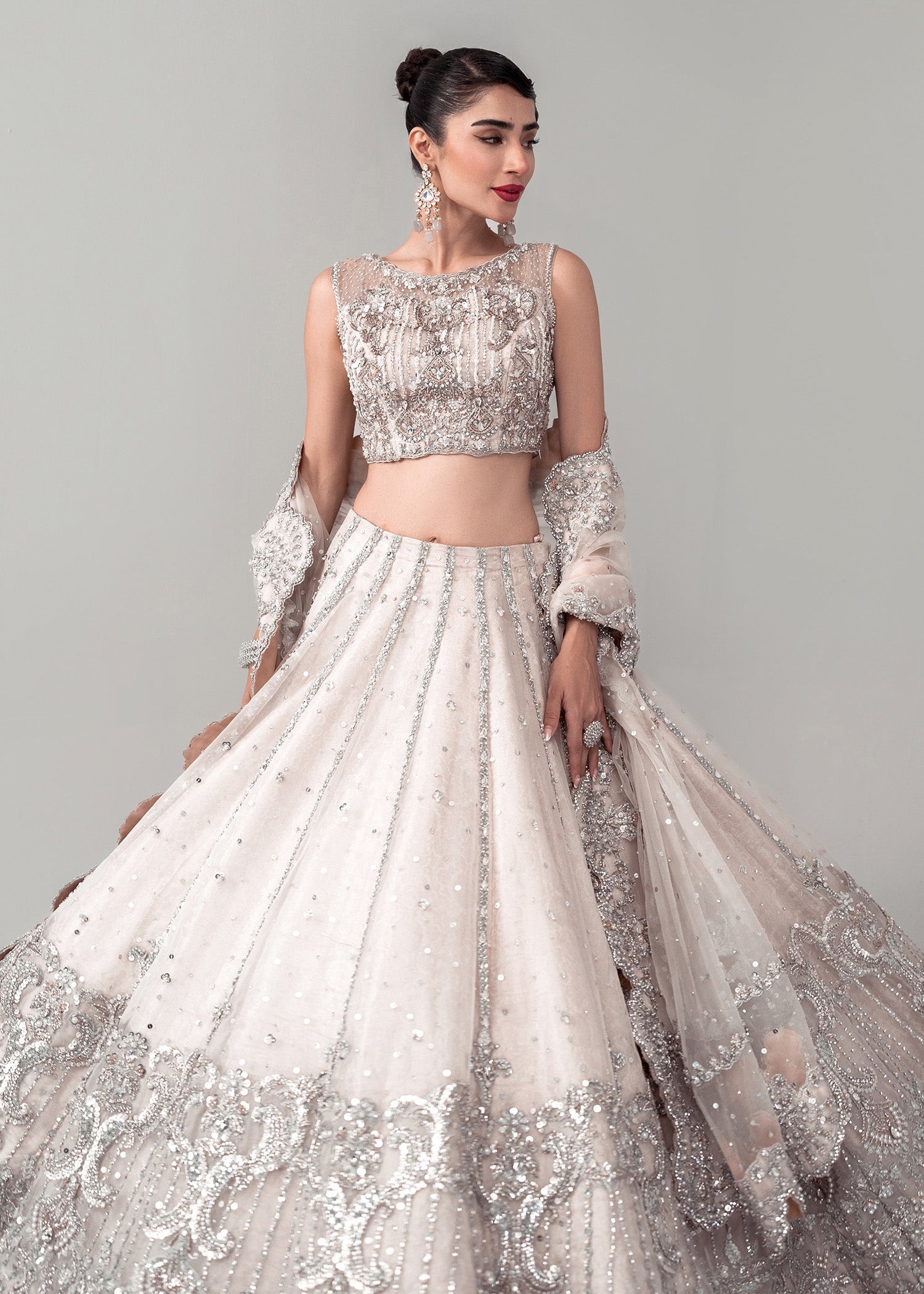 Ivory Silver Embellished Silk Net Lehenga Choli (3-Piece) - Image 5