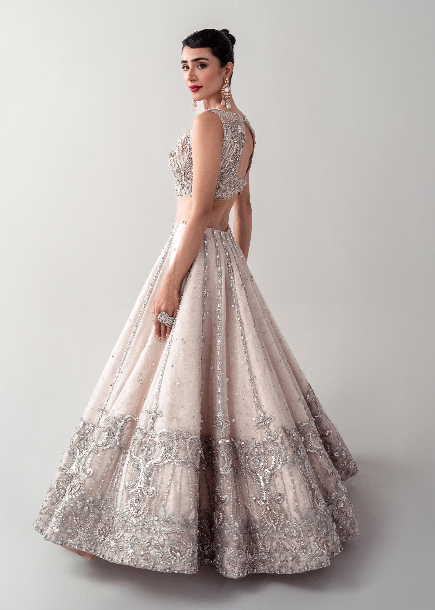 Ivory Silver Embellished Silk Net Lehenga Choli (3-Piece) - Image 6