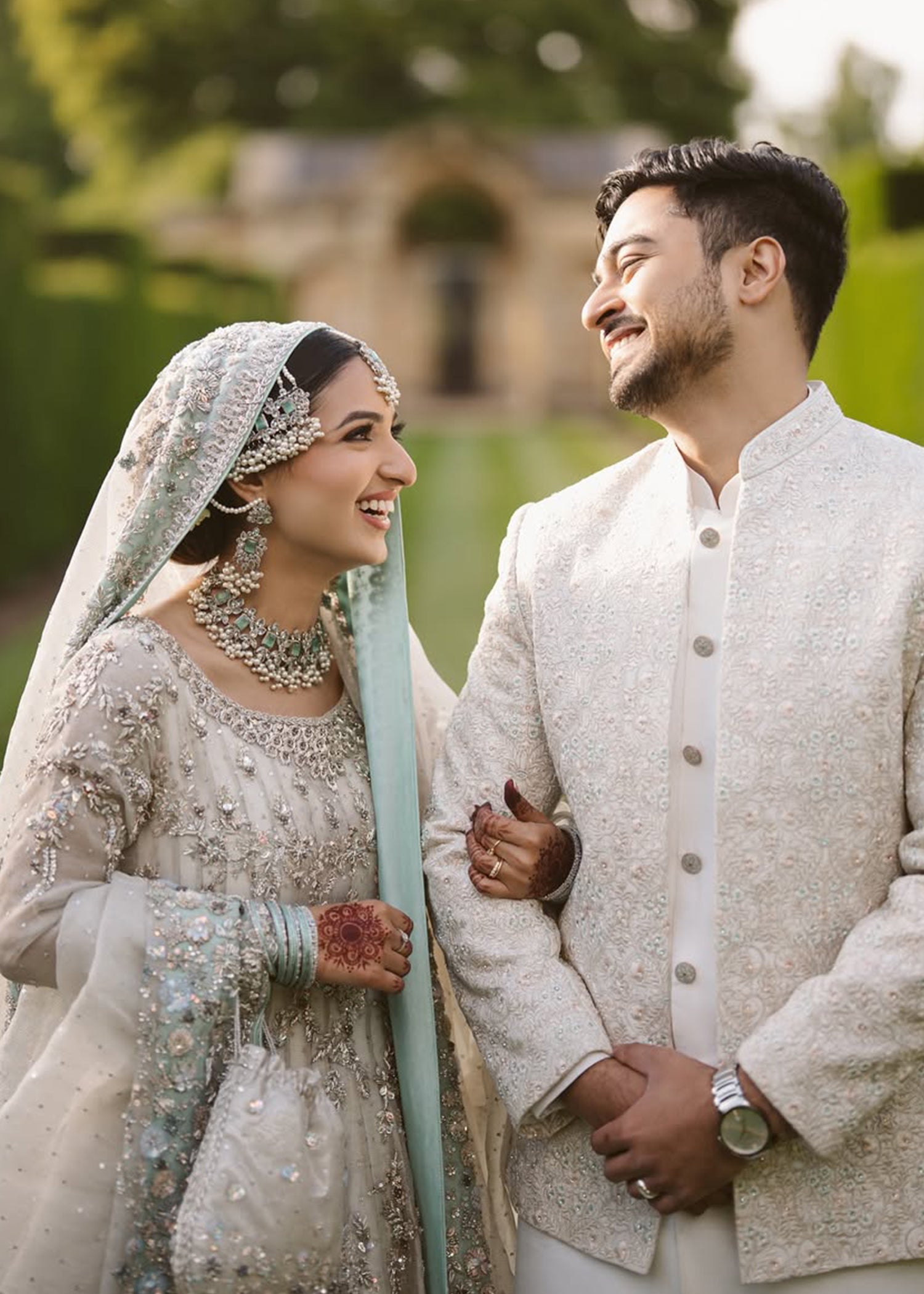 Pakistani Ivory Silver Embellished Silk Bridal Lehenga (3-Piece) - Image 2