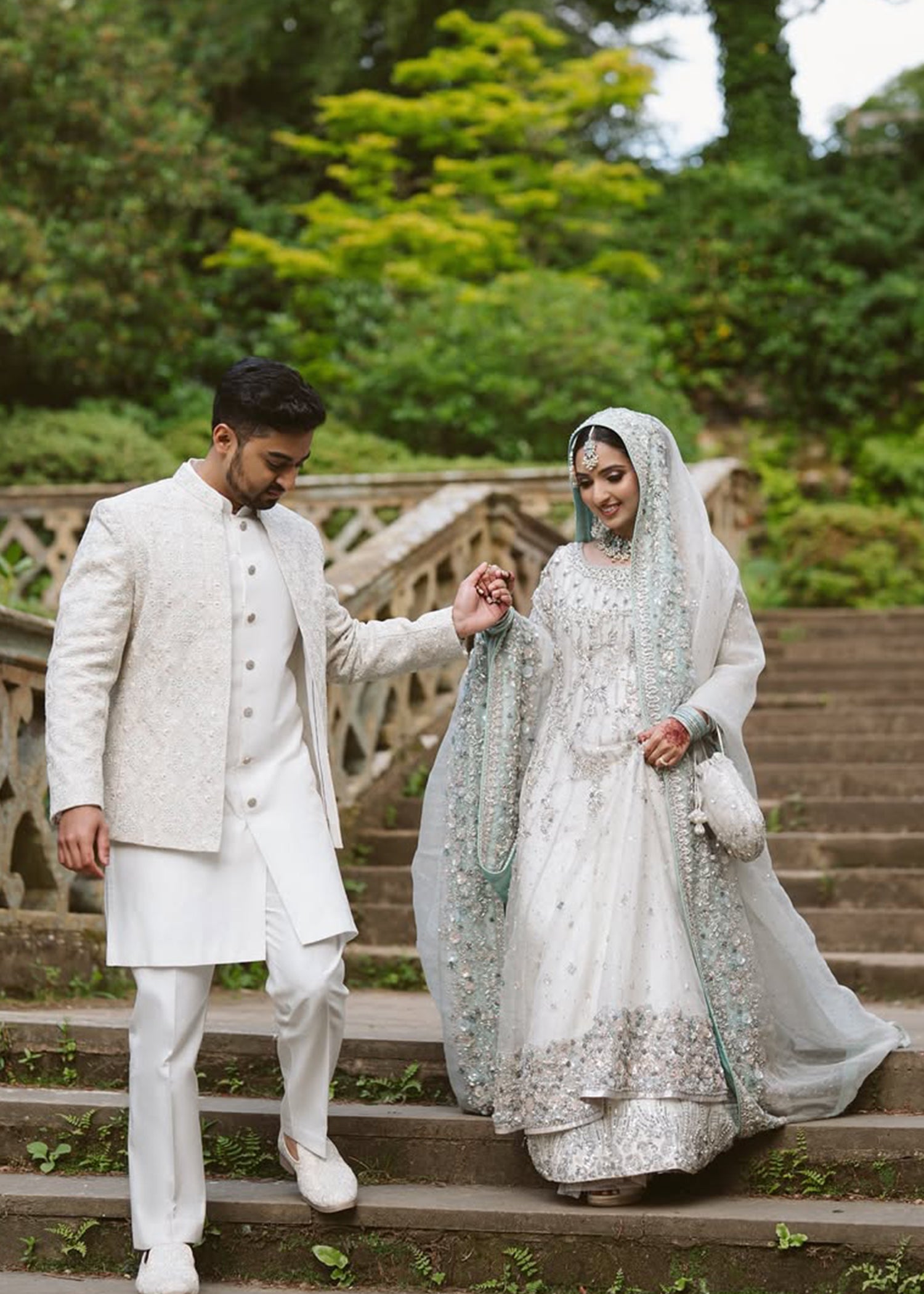 Pakistani Ivory Silver Embellished Silk Bridal Lehenga (3-Piece) - Image 3