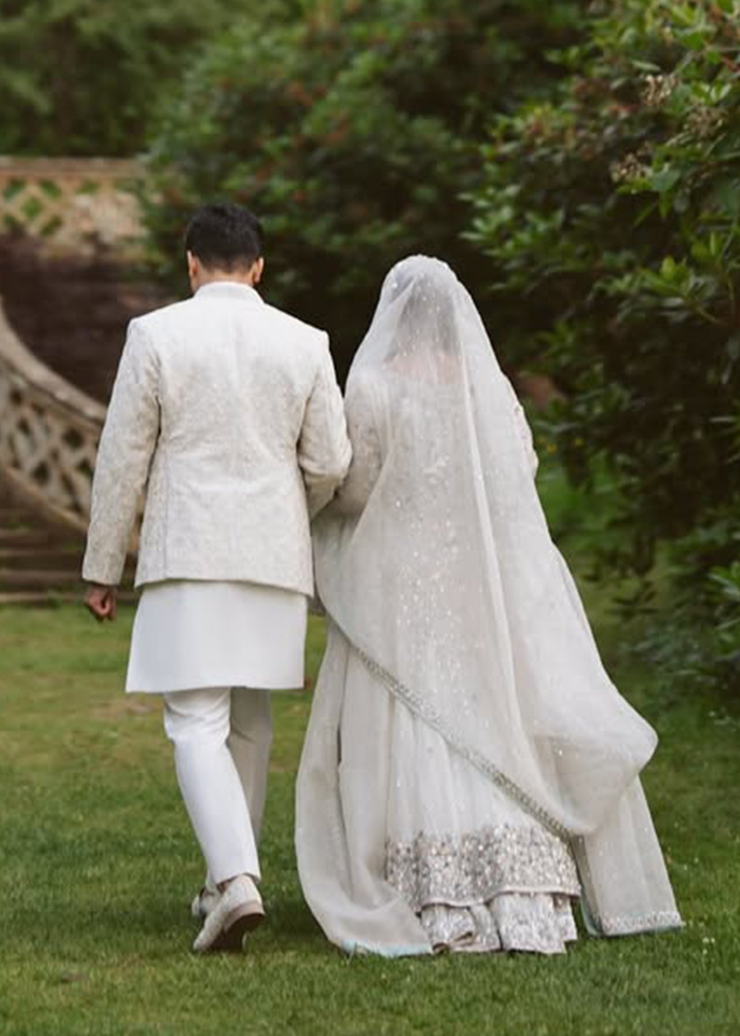 Pakistani Ivory Silver Embellished Silk Bridal Lehenga (3-Piece) - Image 5