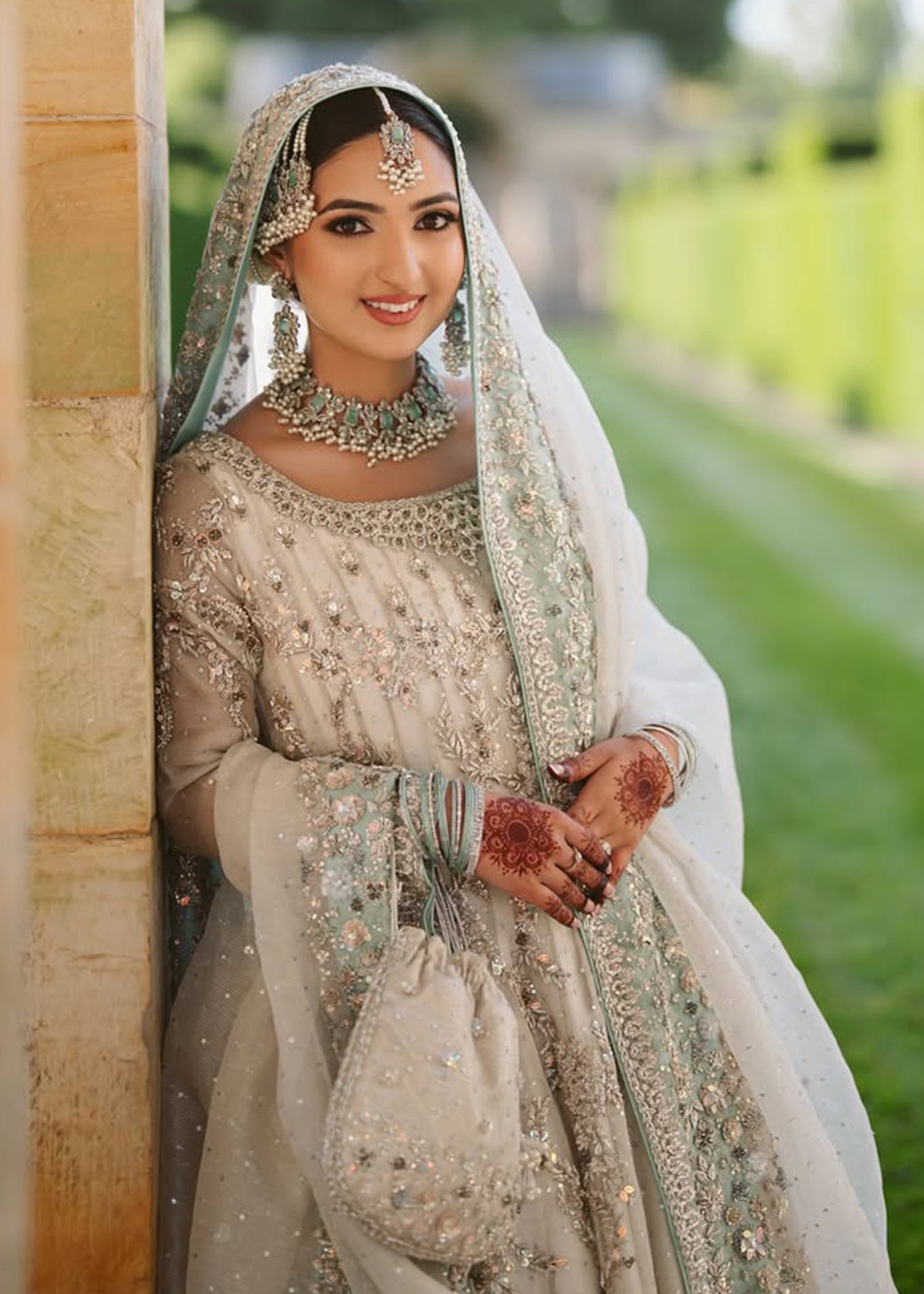 Pakistani Ivory Silver Embellished Silk Bridal Lehenga (3-Piece) - Image 7