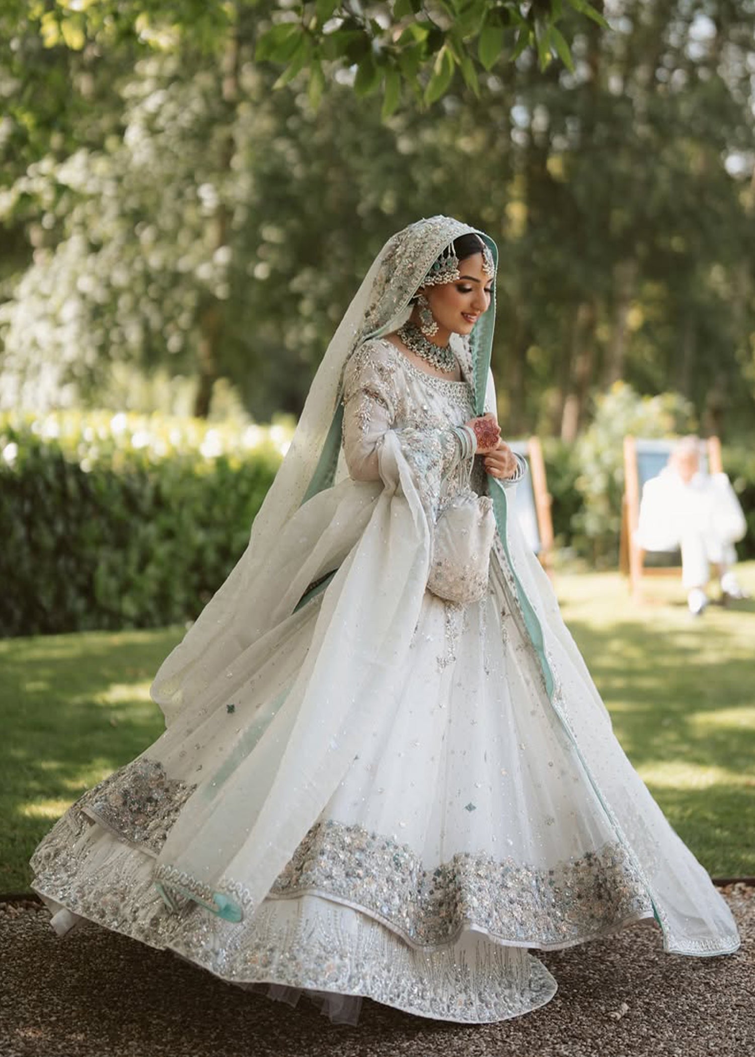 Pakistani Ivory Silver Embellished Silk Bridal Lehenga (3-Piece) - Image 8