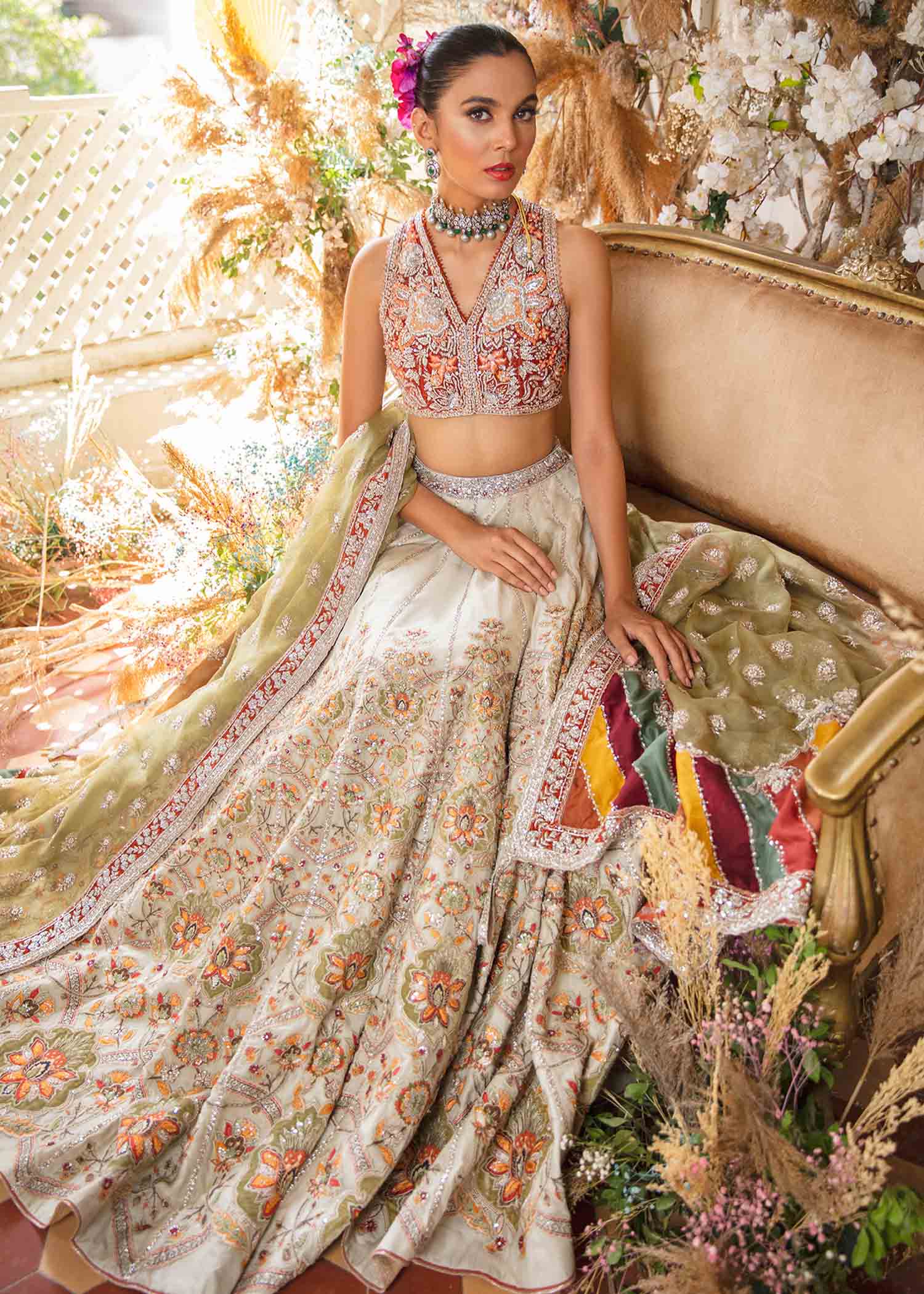 Pakistani Ivory and Rust Embroidered Silk Lehenga (3-Piece) - Image 1