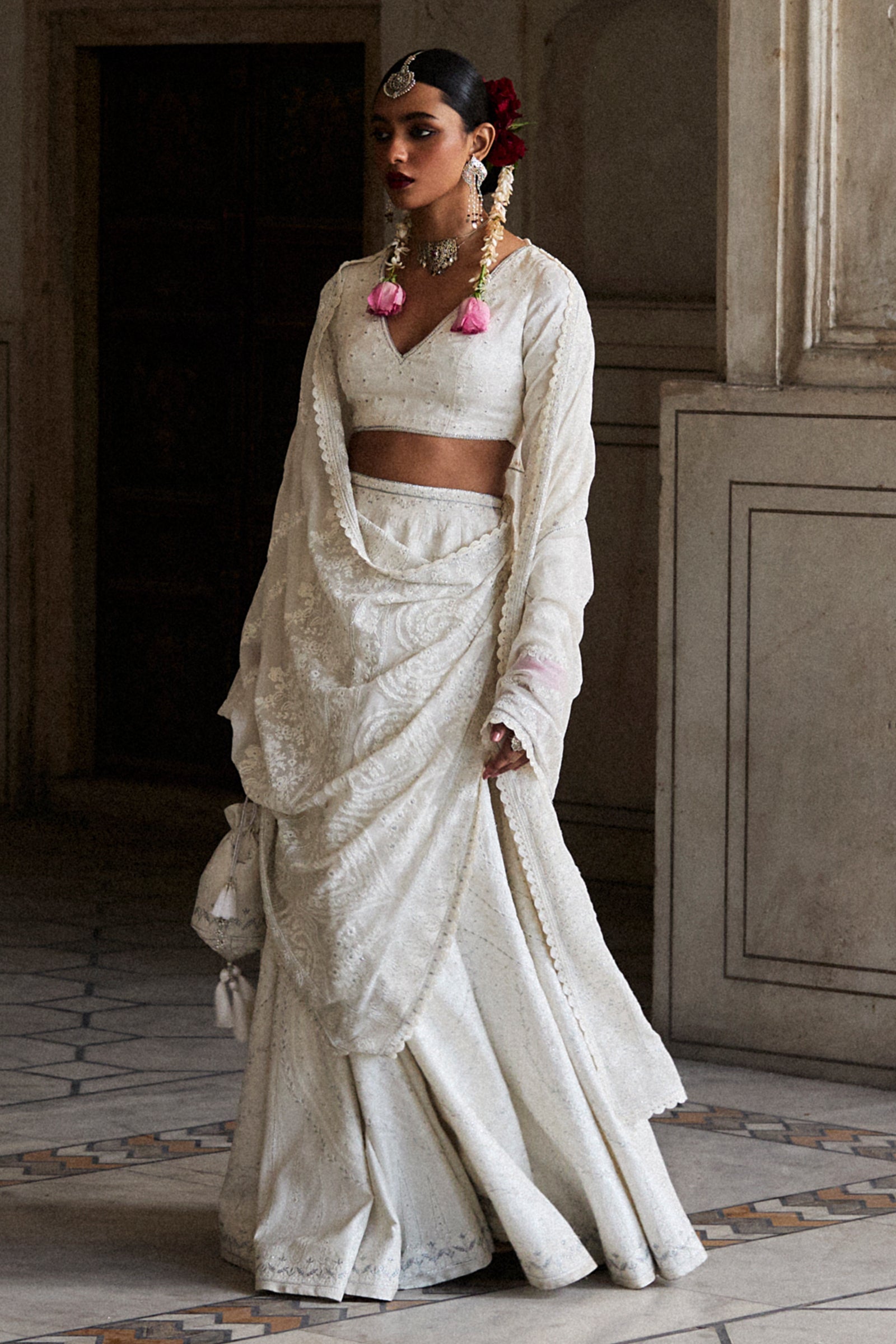 Ivory Embroidered Pure Silk Lehnga Choli (3-Piece) - Image 1