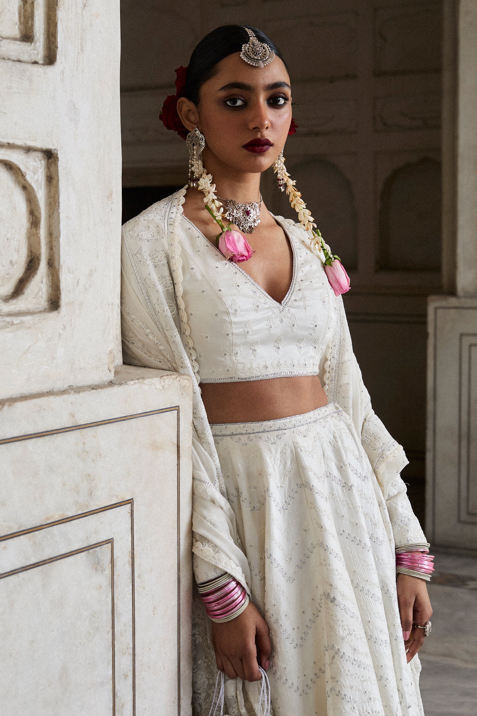 Ivory Embroidered Pure Silk Lehnga Choli (3-Piece) - Image 2