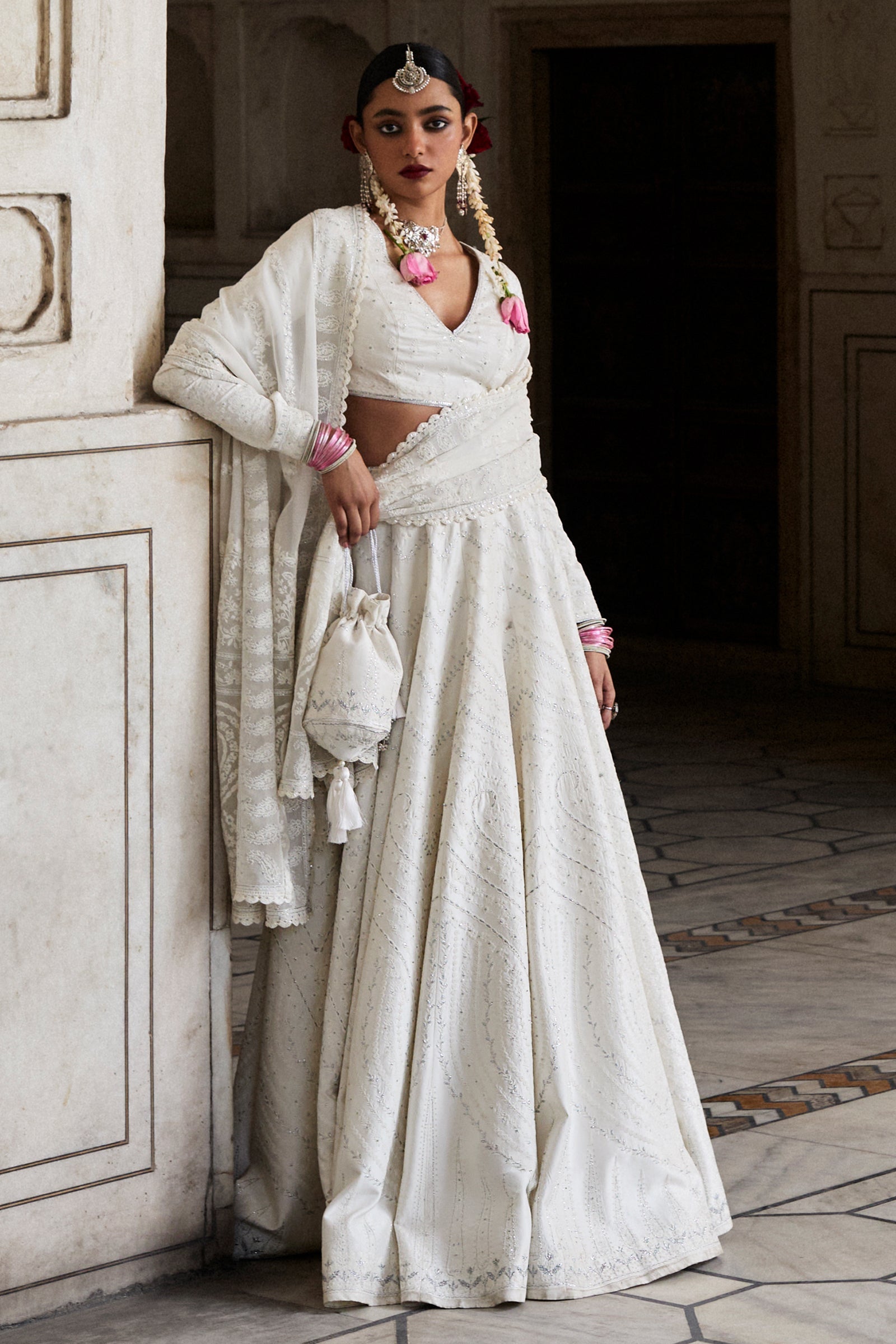 Ivory Embroidered Pure Silk Lehnga Choli (3-Piece) - Image 3