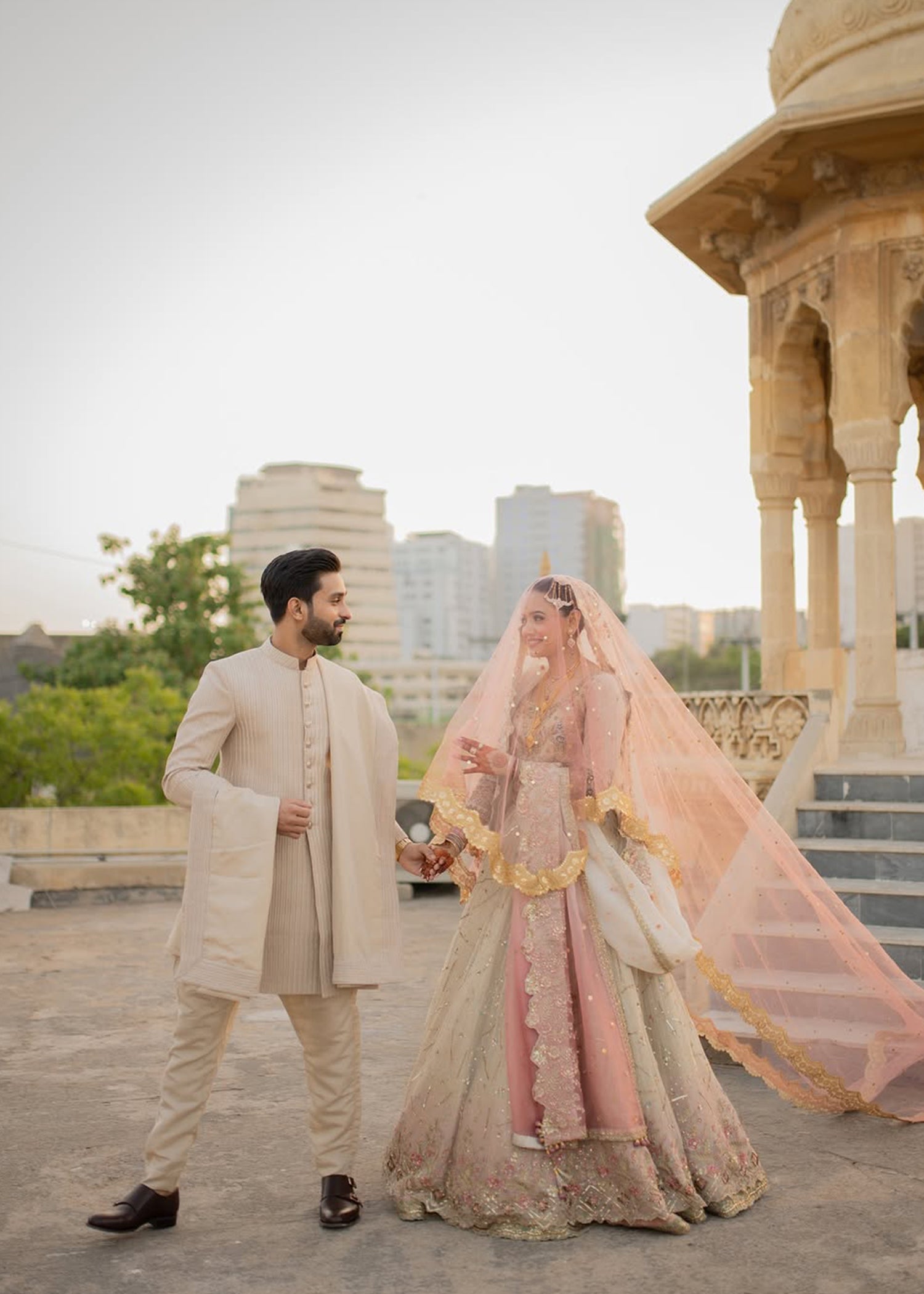 Pakistani Blush Pink Ivory Embellished Silk Net Bridal Lehenga (3-Piece) - Image 1