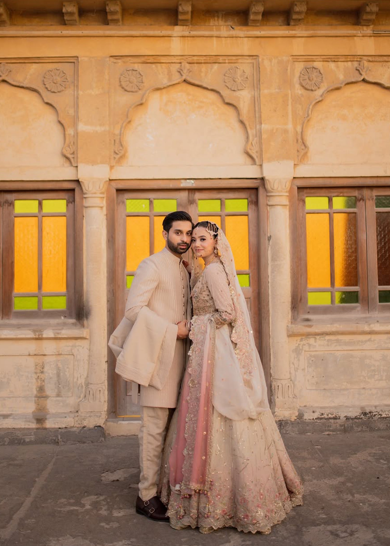 Pakistani Blush Pink Ivory Embellished Silk Net Bridal Lehenga (3-Piece) - Image 2