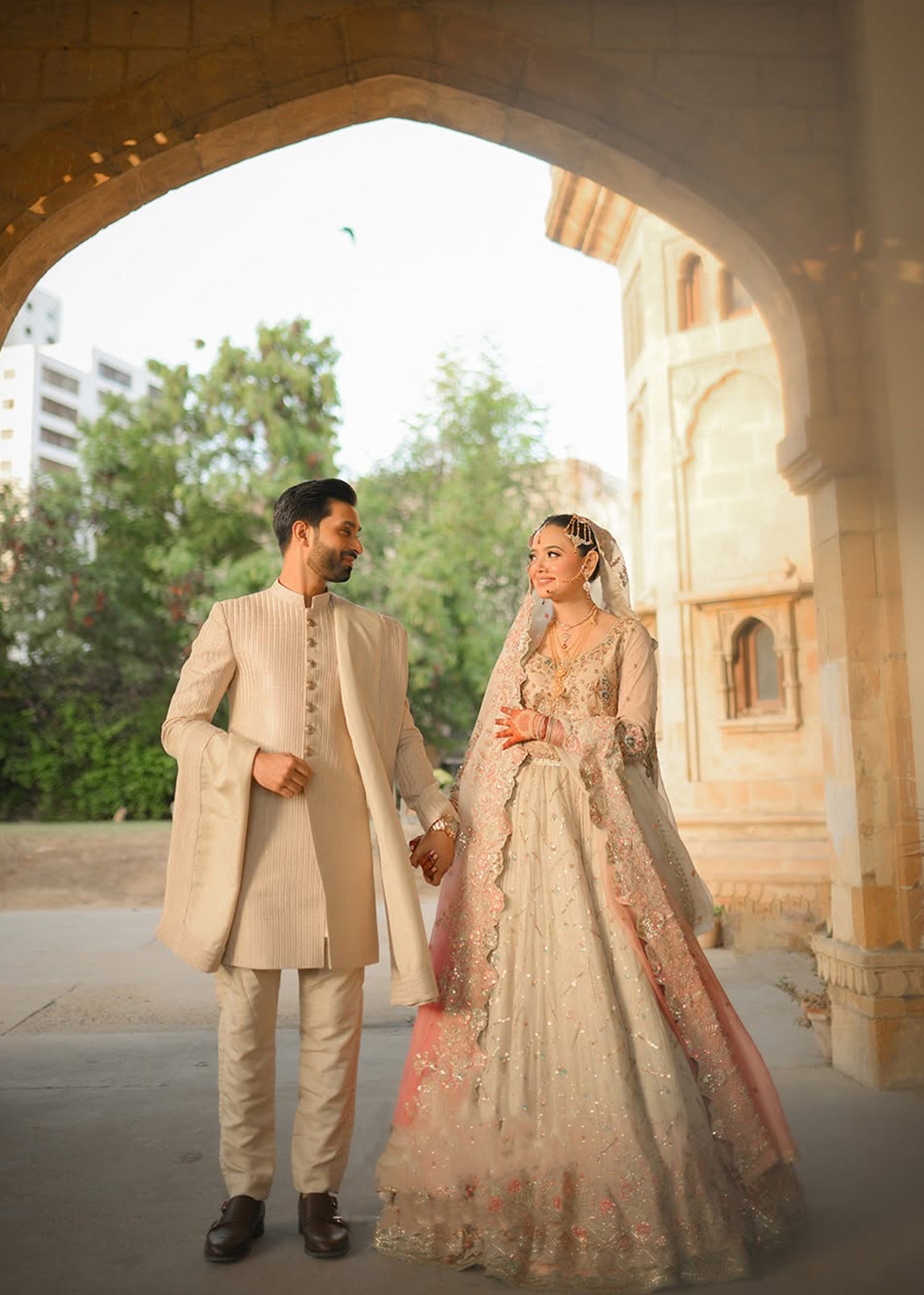 Pakistani Blush Pink Ivory Embellished Silk Net Bridal Lehenga (3-Piece) - Image 3