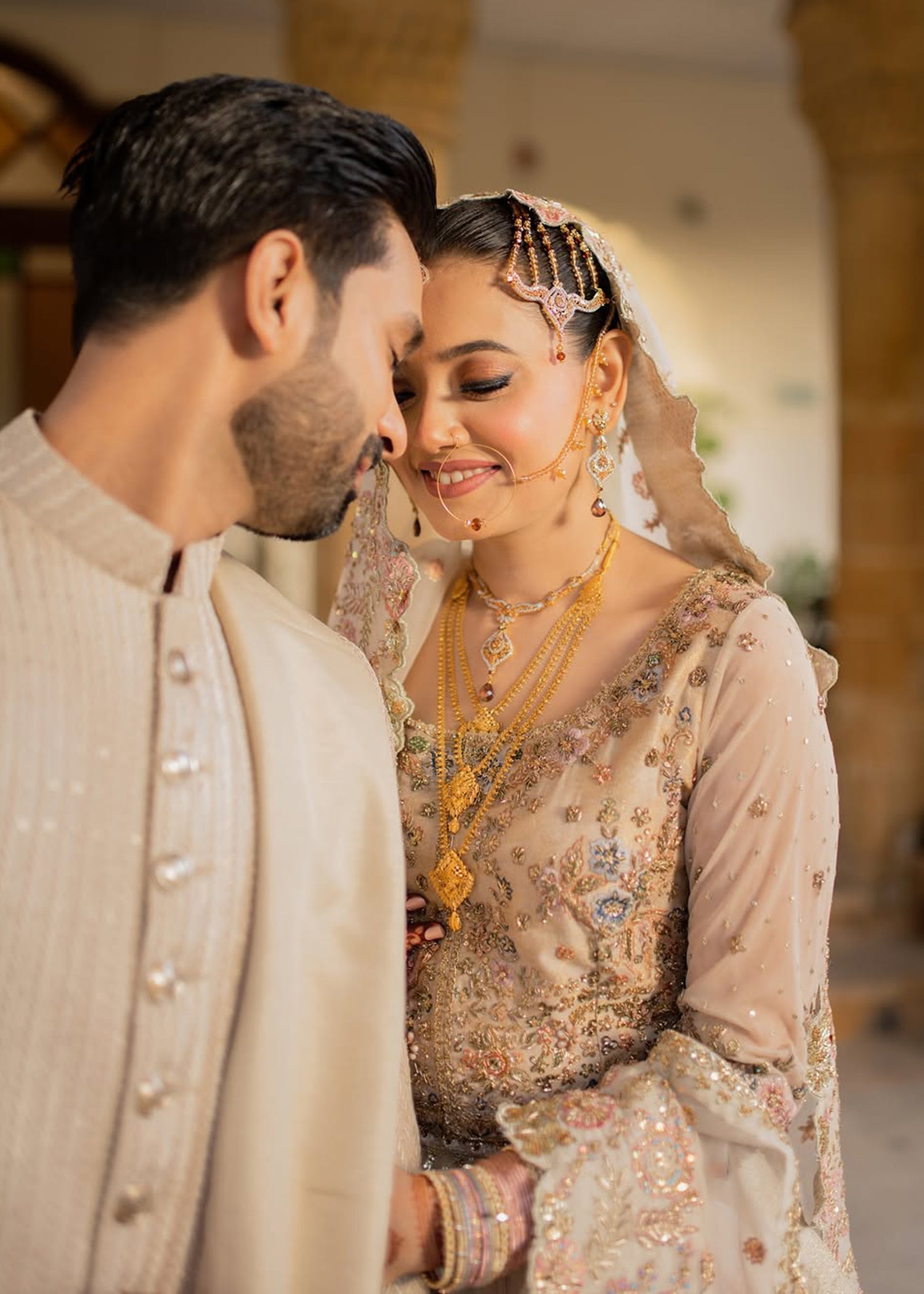 Pakistani Blush Pink Ivory Embellished Silk Net Bridal Lehenga (3-Piece) - Image 4