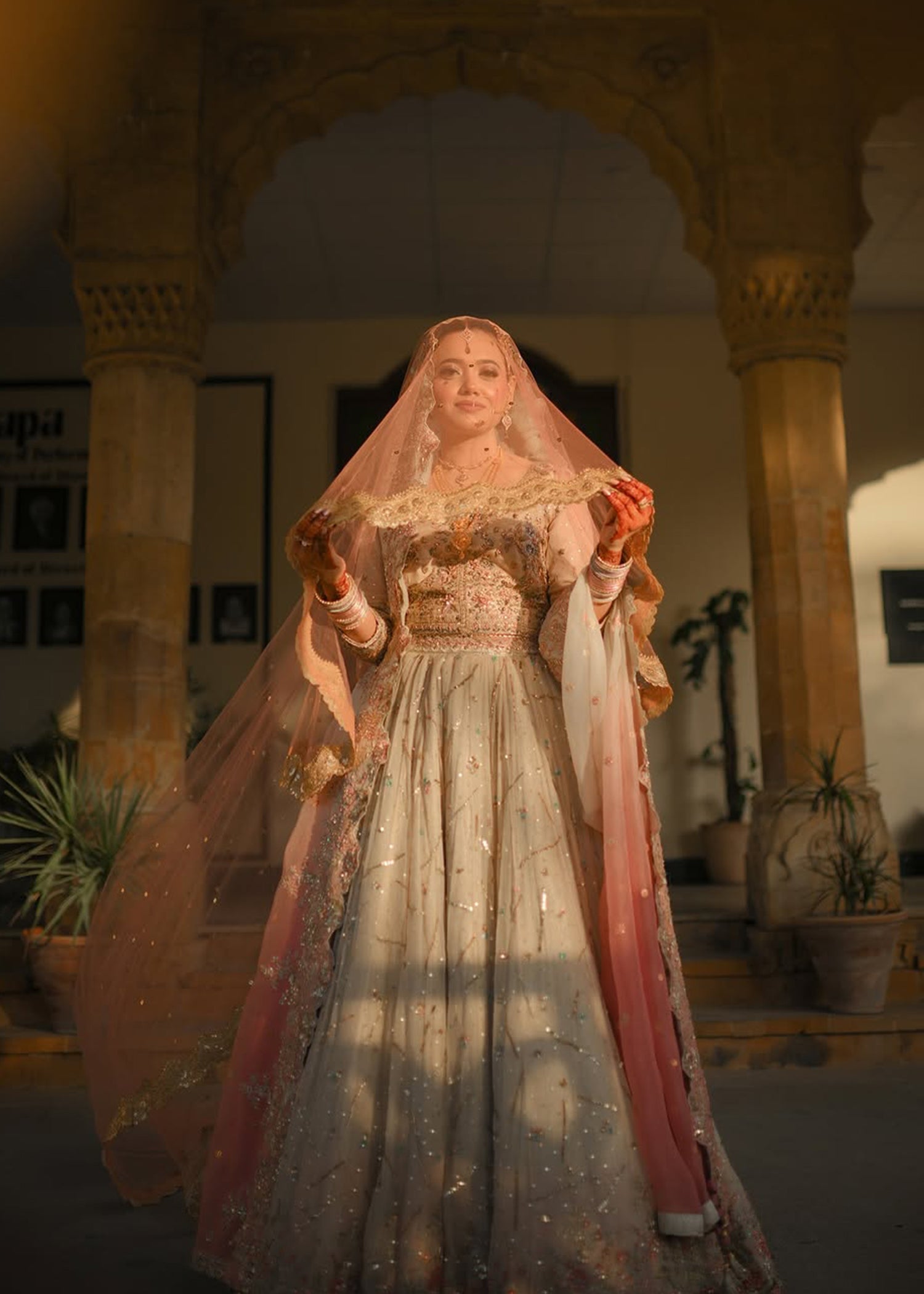 Pakistani Blush Pink Ivory Embellished Silk Net Bridal Lehenga (3-Piece) - Image 5