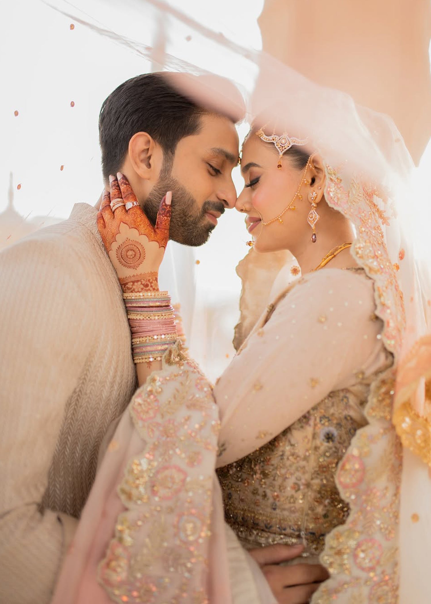 Pakistani Blush Pink Ivory Embellished Silk Net Bridal Lehenga (3-Piece) - Image 6