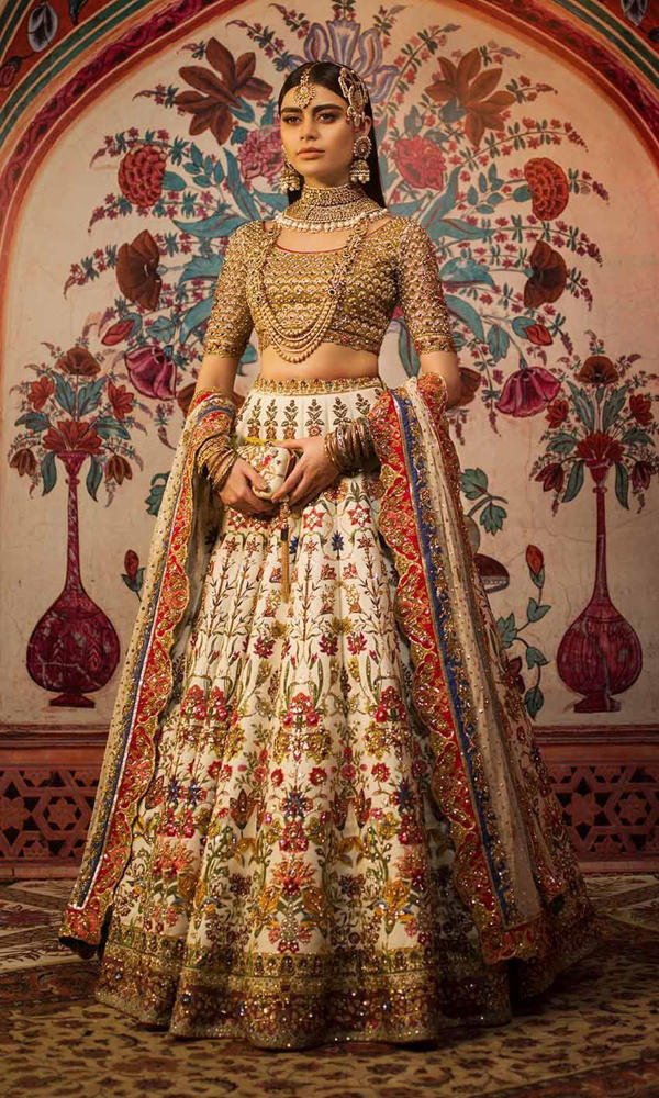 Pakistani Ivory Multicolour Embellished Silk Bridal Lehenga (3-Piece) - Image 2