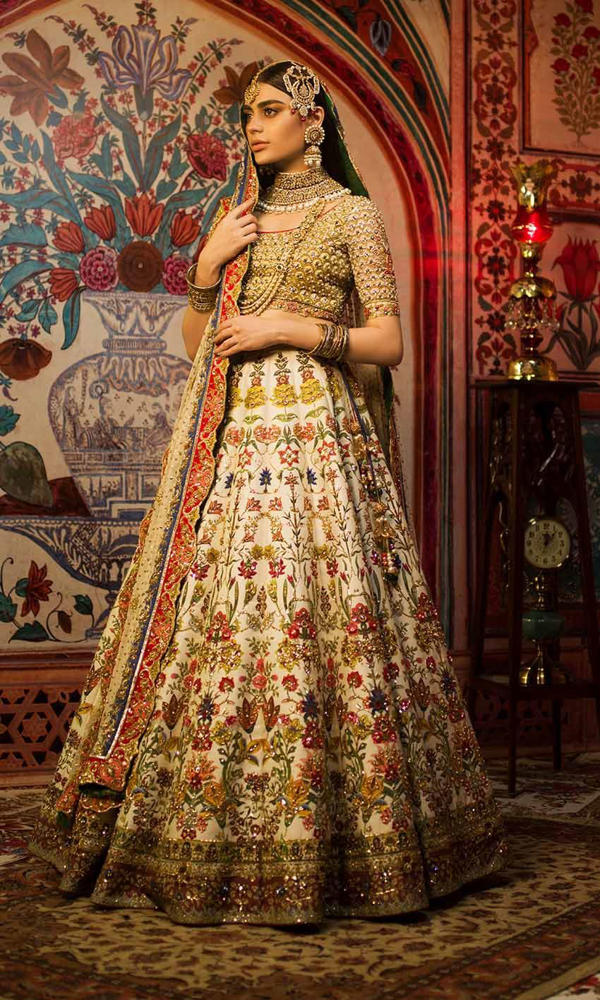 Pakistani Ivory Multicolour Embellished Silk Bridal Lehenga (3-Piece) - Image 3