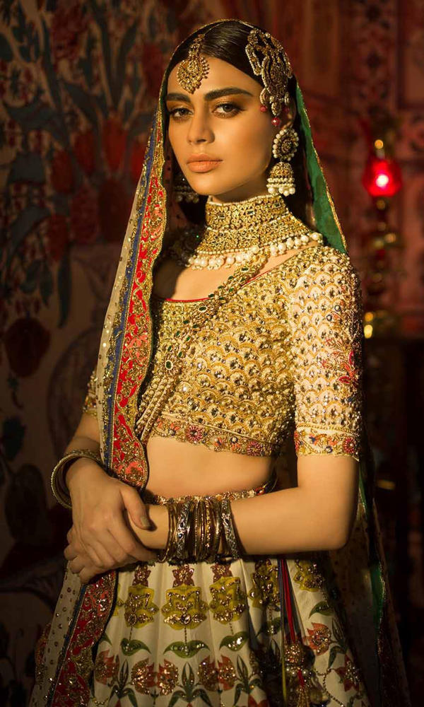 Pakistani Ivory Multicolour Embellished Silk Bridal Lehenga (3-Piece) - Image 5