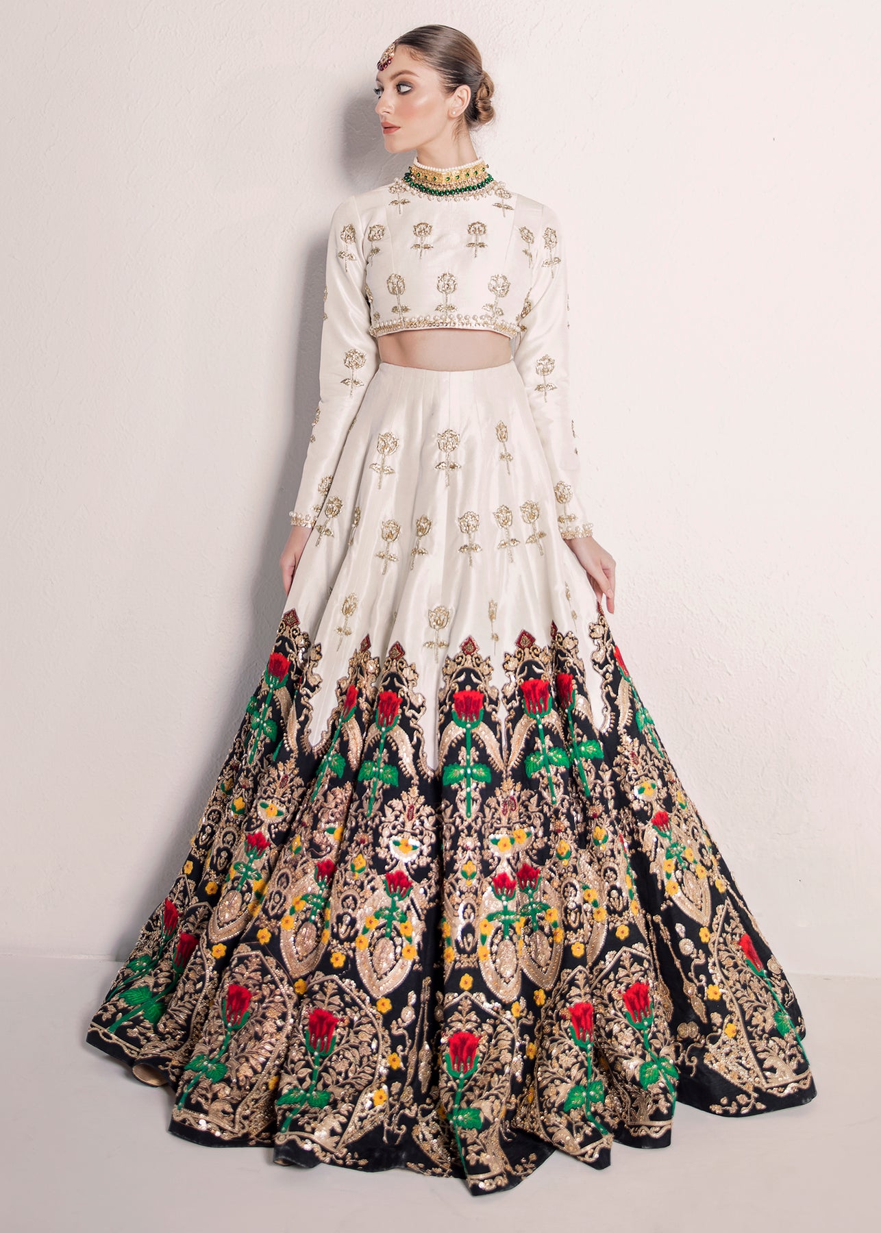 Pakistani Ivory and Black Sequin Embellished Silk Lehenga (3-Piece) - Image 3