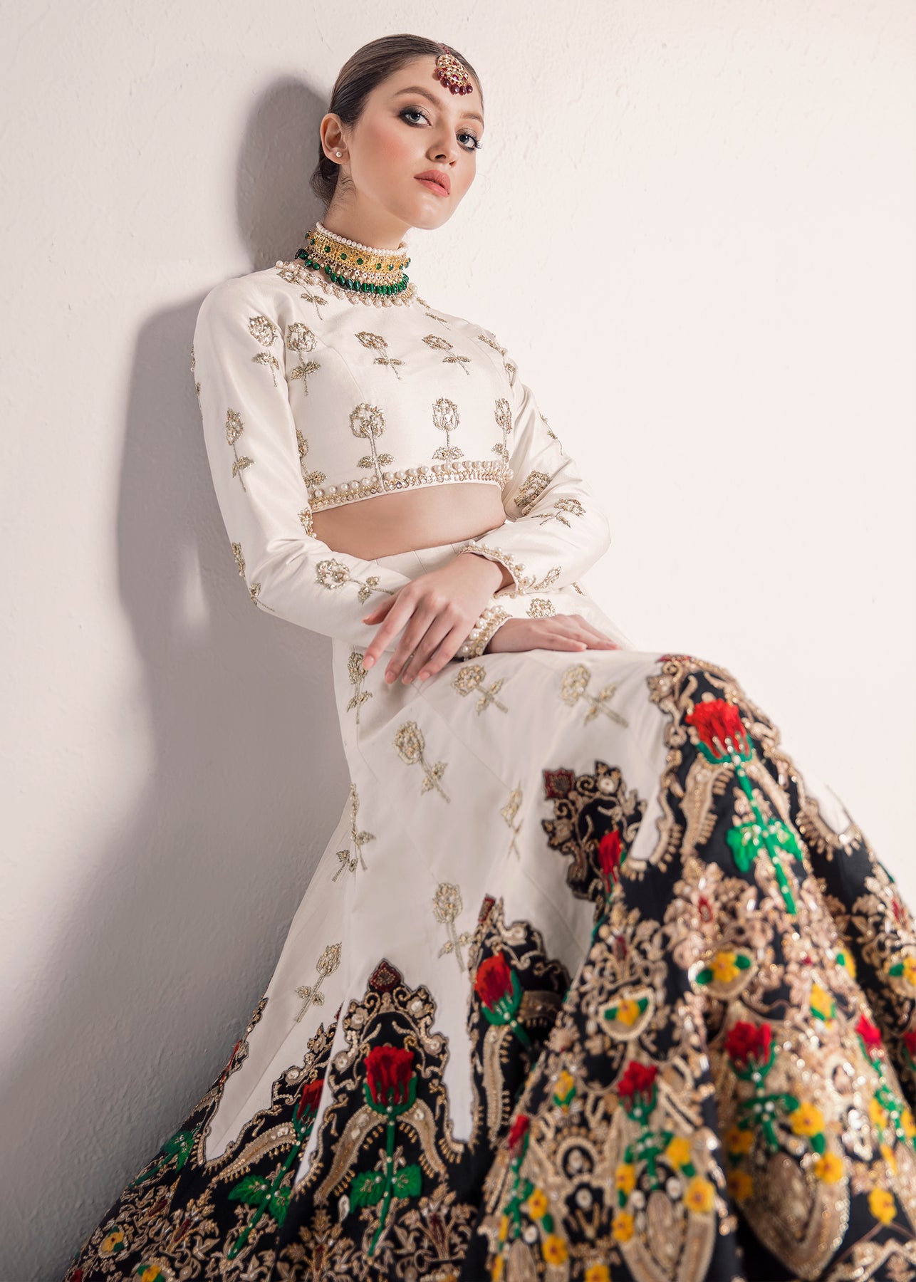 Pakistani Ivory and Black Sequin Embellished Silk Lehenga (3-Piece) - Image 4