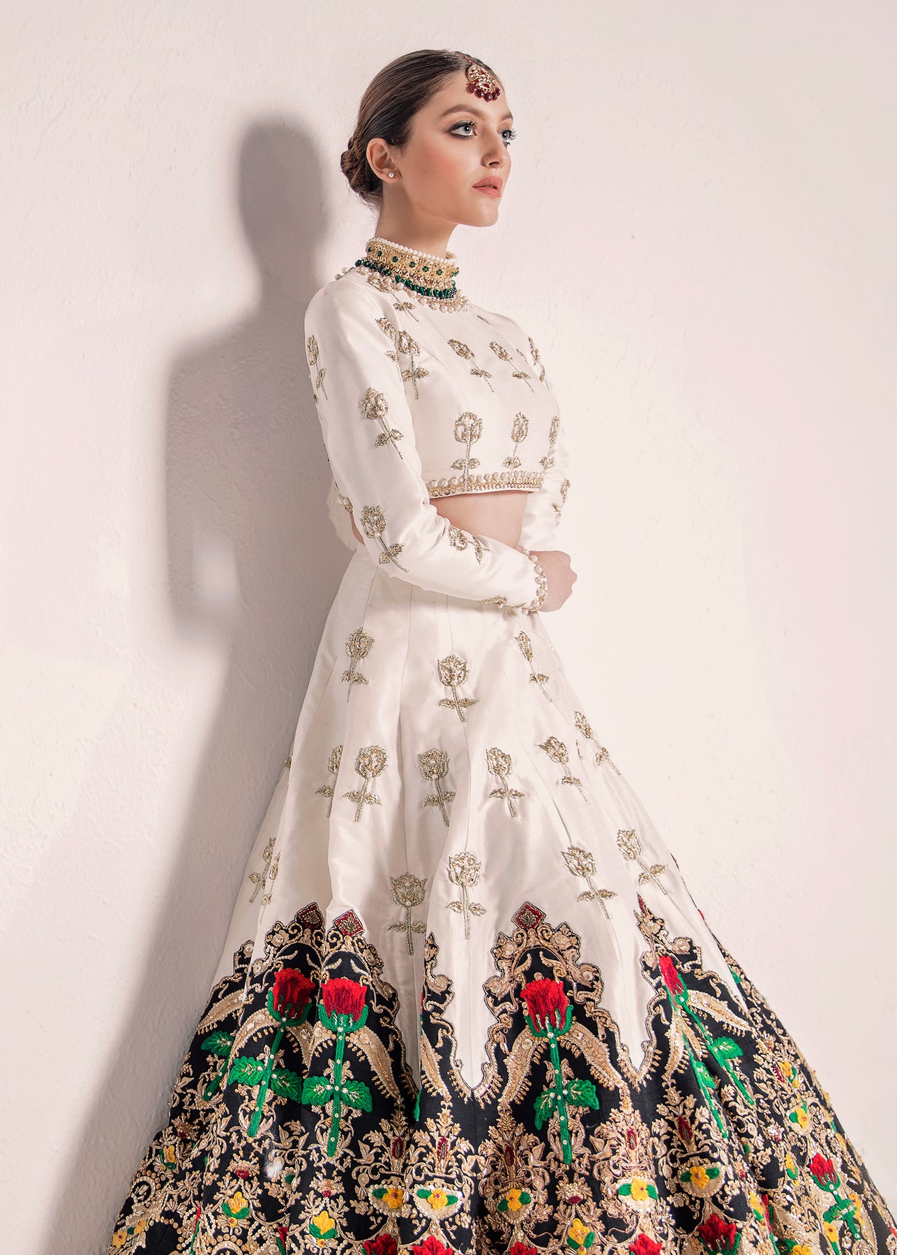 Pakistani Ivory and Black Sequin Embellished Silk Lehenga (3-Piece) - Image 6