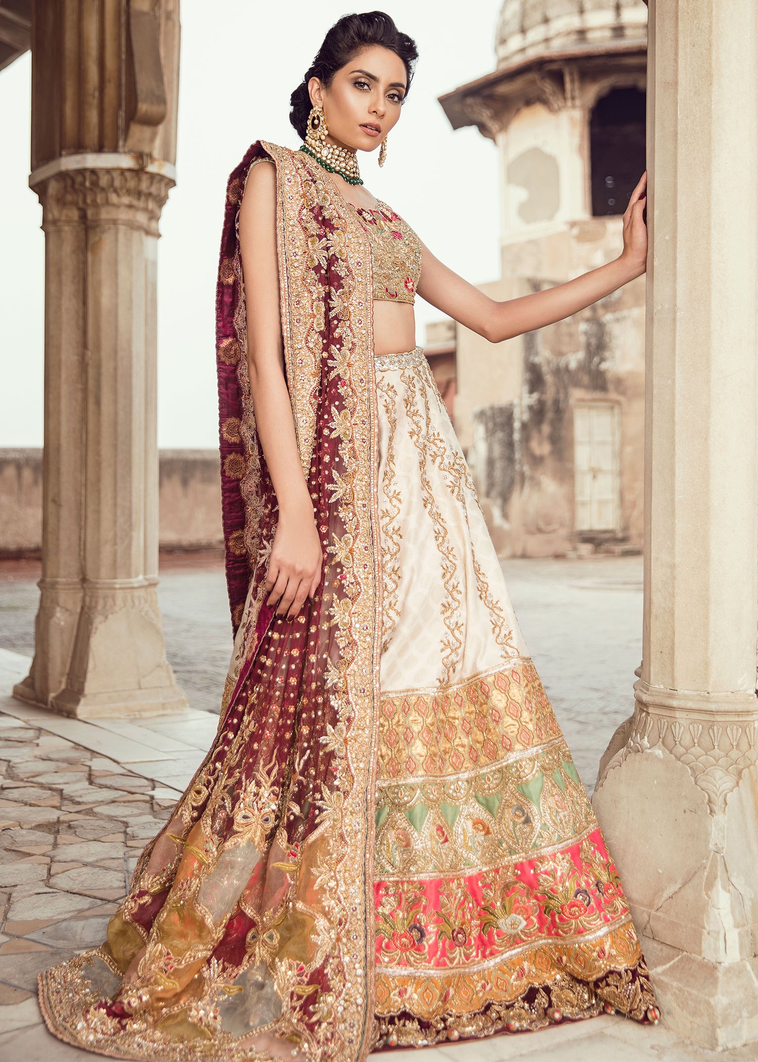 Pakistani Ivory Maroon Embroidered Silk Lehenga Choli (3-Piece) - Image 2