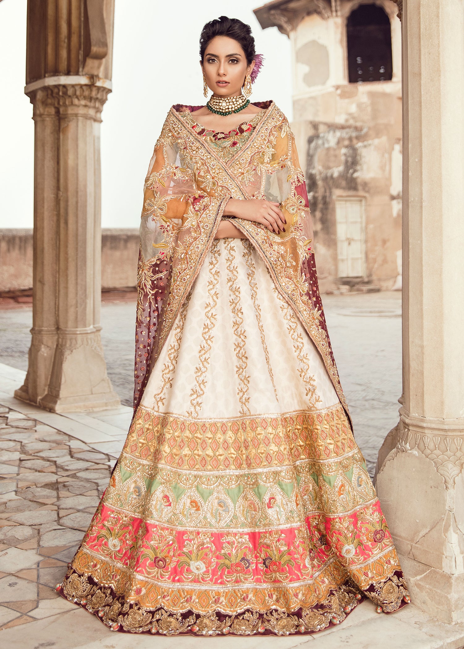 Pakistani Ivory Maroon Embroidered Silk Lehenga Choli (3-Piece) - Image 3