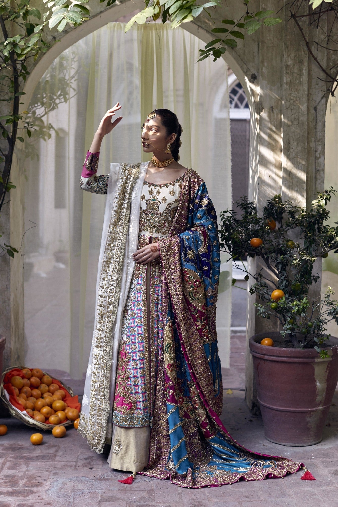 Ivory Embroidered Silk Kalidar Lehenga (3-Piece) - Image 1