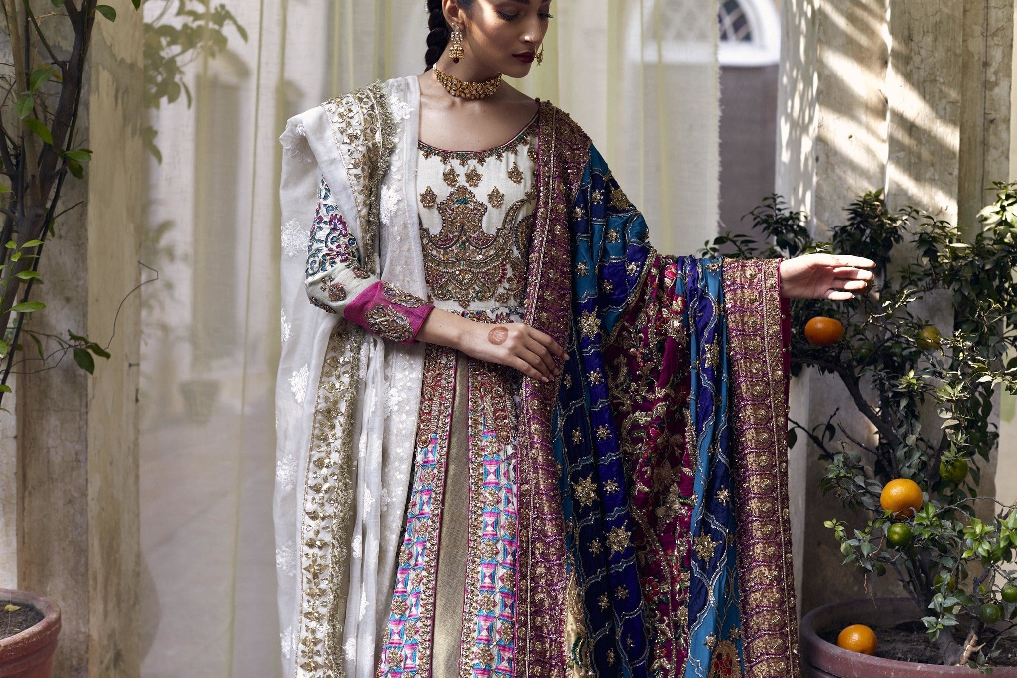 Ivory Embroidered Silk Kalidar Lehenga (3-Piece) - Image 3