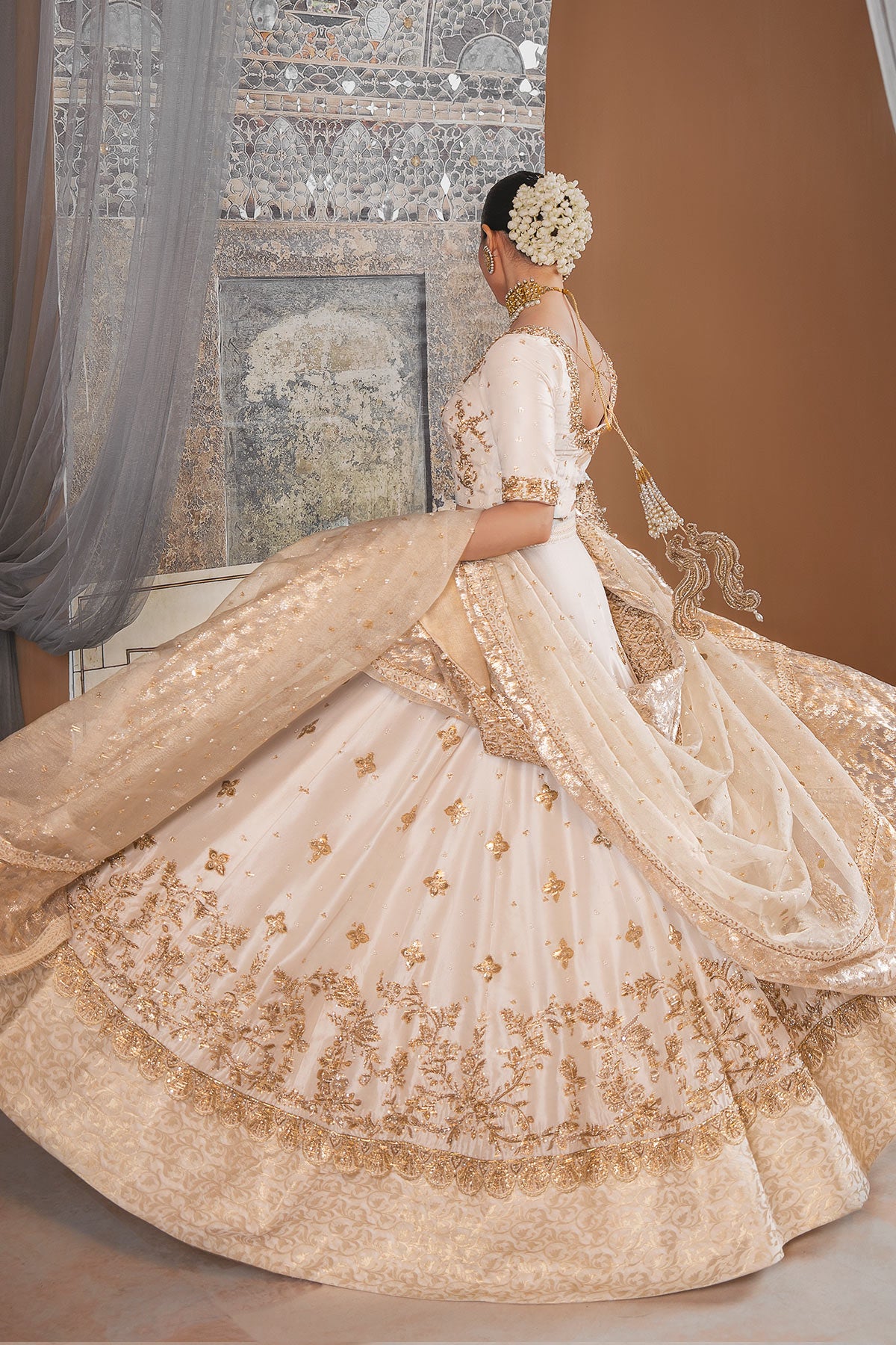 Ivory Gold Embroidered Silk Bridal Lehenga (3-Piece) - Image 3