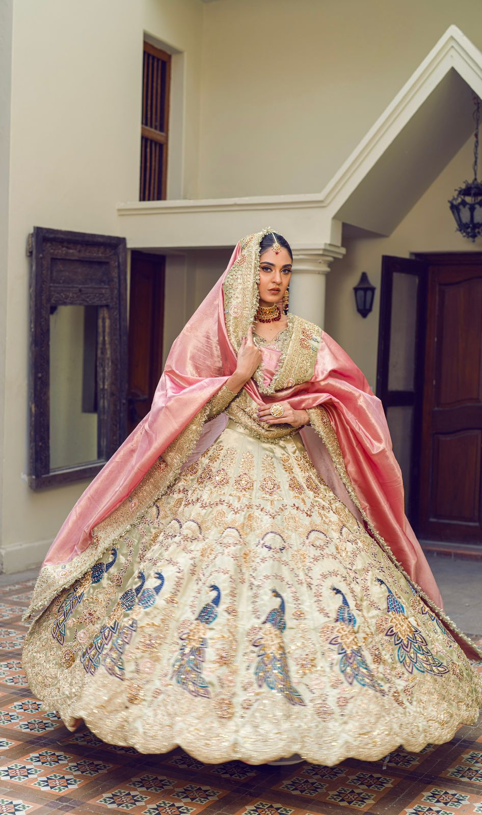 Pakistani Ivory Peacock Motif Silk Lehenga (3-Piece) - Image 1