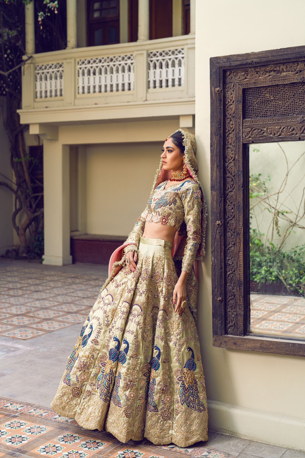 Pakistani Ivory Peacock Motif Silk Lehenga (3-Piece) - Image 2